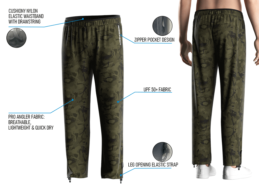 Back view and close-up details of men's UV fishing pants, showing fit, waistband, zipper pocket, and leg strap.