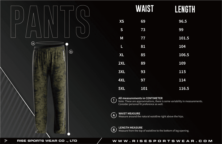 Men's U.S. and EU standard size chart for fishing pants in centimeters, showing waist and length measurements.
