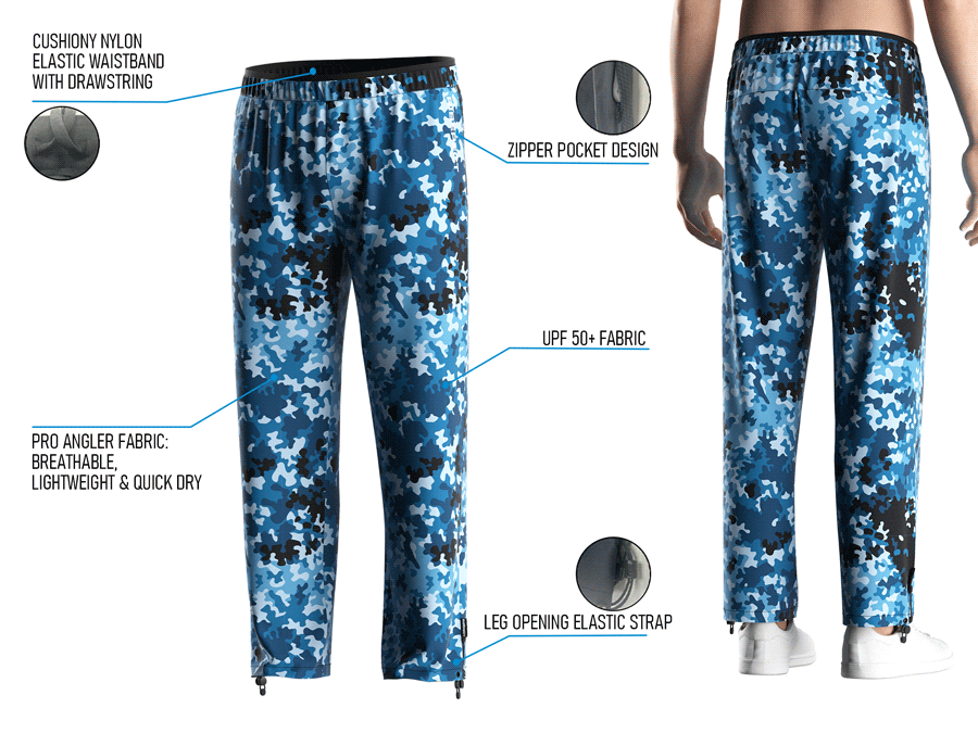 Back view and close-up details of men's UV fishing pants, showing fit, waistband, zipper pocket, and leg strap.