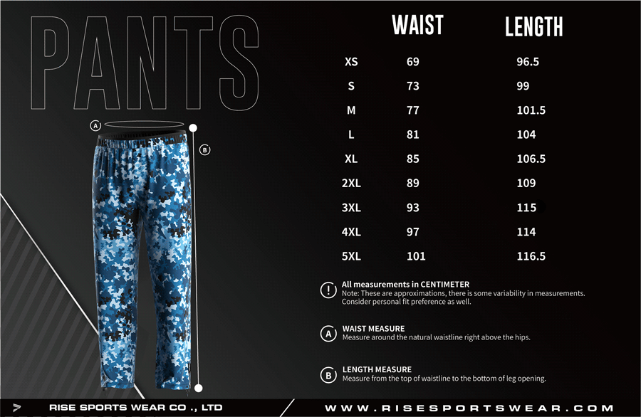Men's U.S. and EU standard size chart for fishing pants in centimeters, showing waist and length measurements.