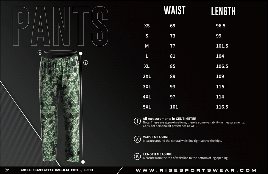 Men's U.S. and EU standard size chart for fishing pants in centimeters, showing waist and length measurements.