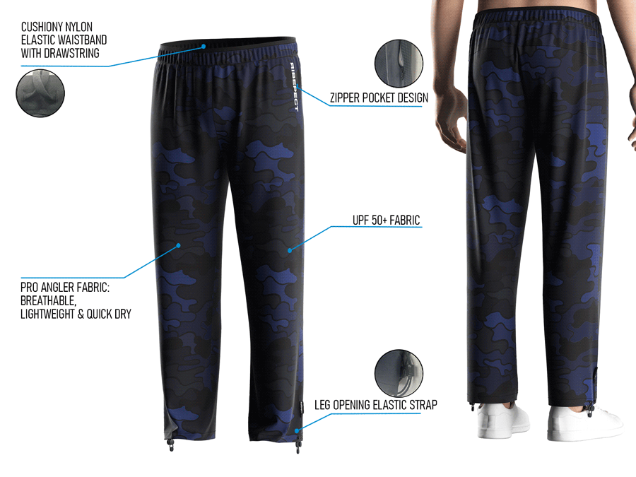Back view and close-up details of men's UV fishing pants, showing fit, waistband, zipper pocket, and leg strap.
