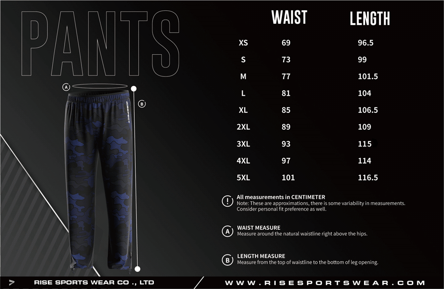 Men's U.S. and EU standard size chart for fishing pants in centimeters, showing waist and length measurements.