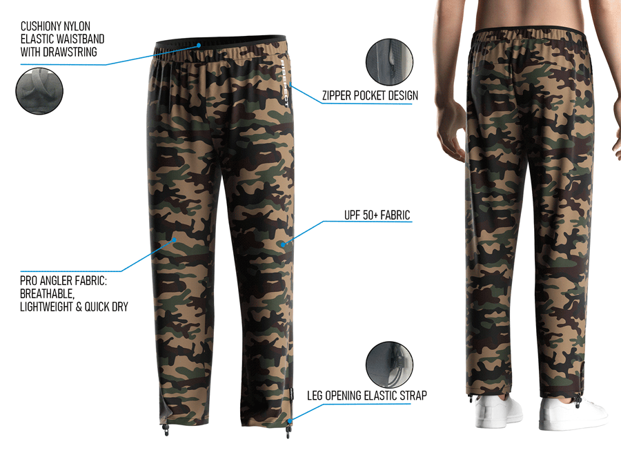 Back view and close-up details of men's UV fishing pants, showing fit, waistband, zipper pocket, and leg strap.