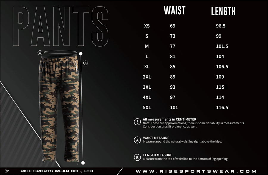 Men's U.S. and EU standard size chart for fishing pants in centimeters, showing waist and length measurements.