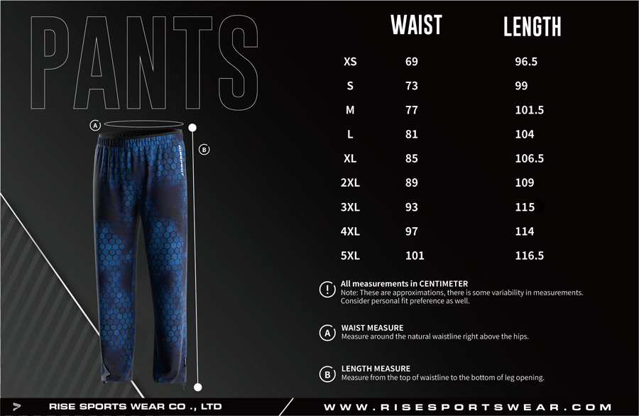Men's U.S. and EU standard size chart for fishing pants in centimeters, showing waist and length measurements.