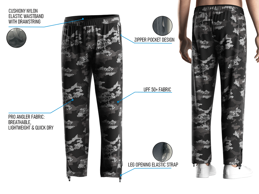 Back view and close-up details of men's UV fishing pants, showing fit, waistband, zipper pocket, and leg strap.