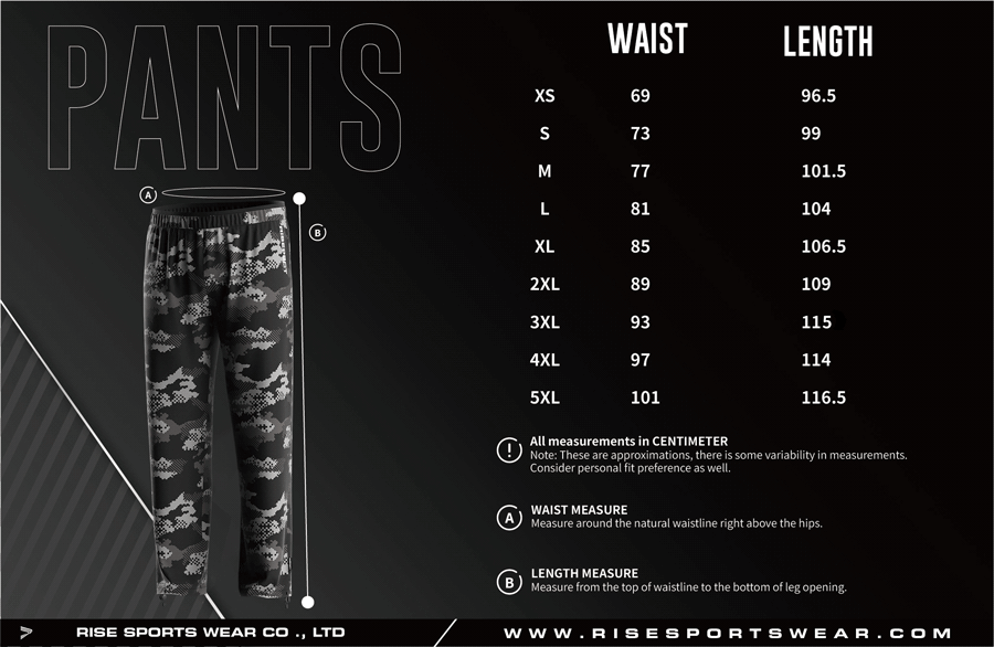 Men's U.S. and EU standard size chart for fishing pants in centimeters, showing waist and length measurements.