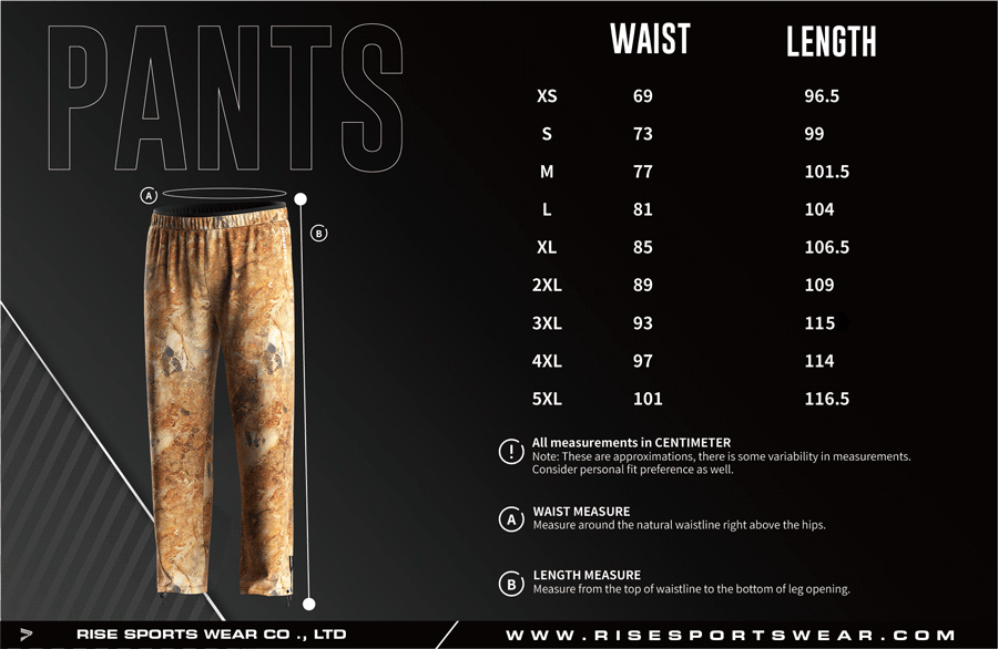 Men's U.S. and EU standard size chart for fishing pants in centimeters, showing waist and length measurements.