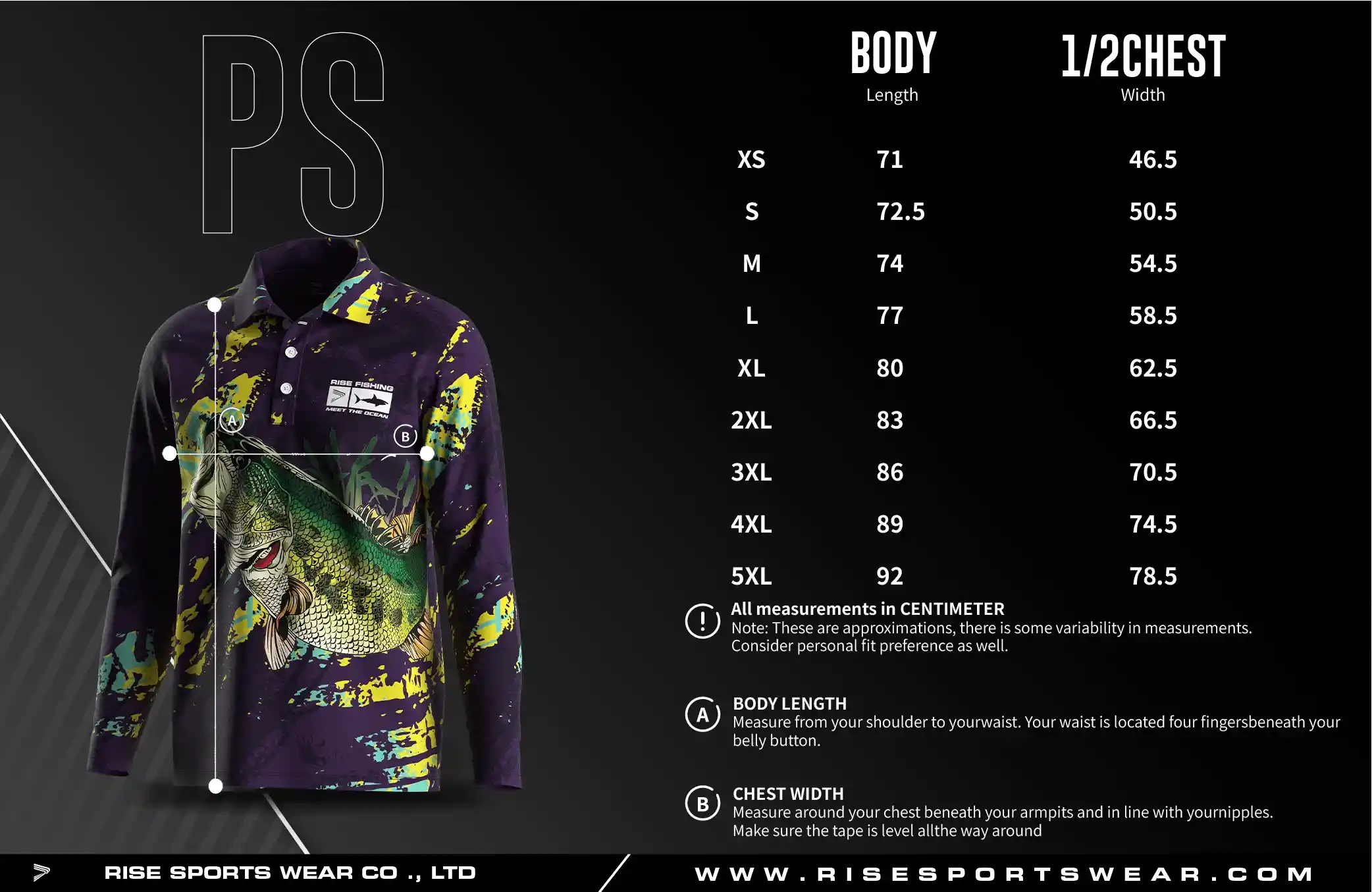 Men's U.S. and EU standard size chart for long sleeve fishing polo shirt in centimeters, showing width and length measurements.