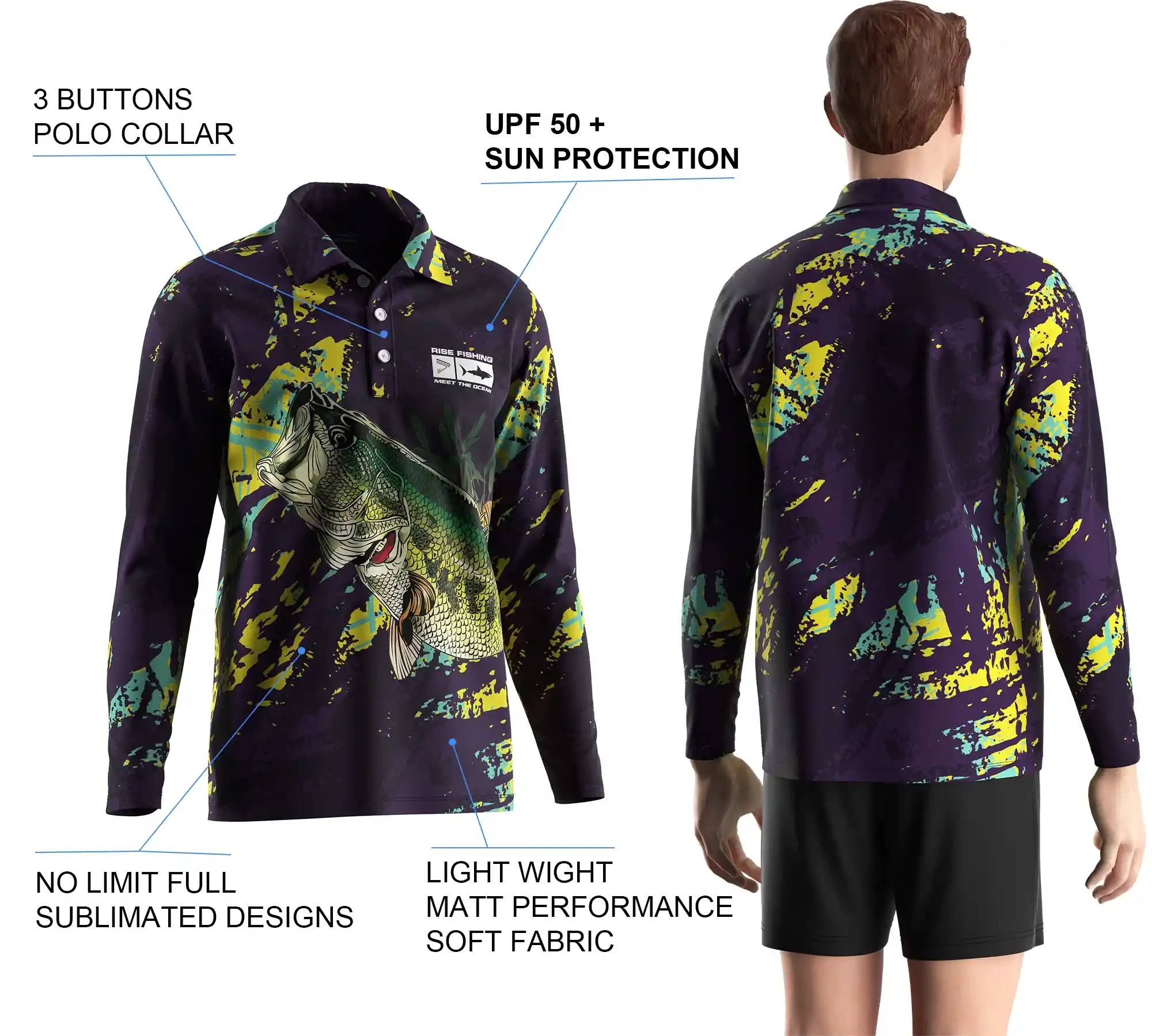 Back view and close-up details of men's long sleeve fishing polo shirt, showing sublimation print, buttons details, and styles.