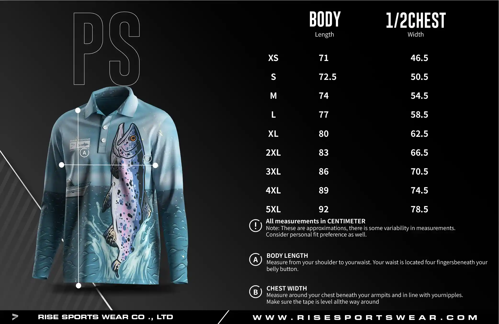 Men's U.S. and EU standard size chart for long sleeve fishing polo shirt in centimeters, showing width and length measurements.