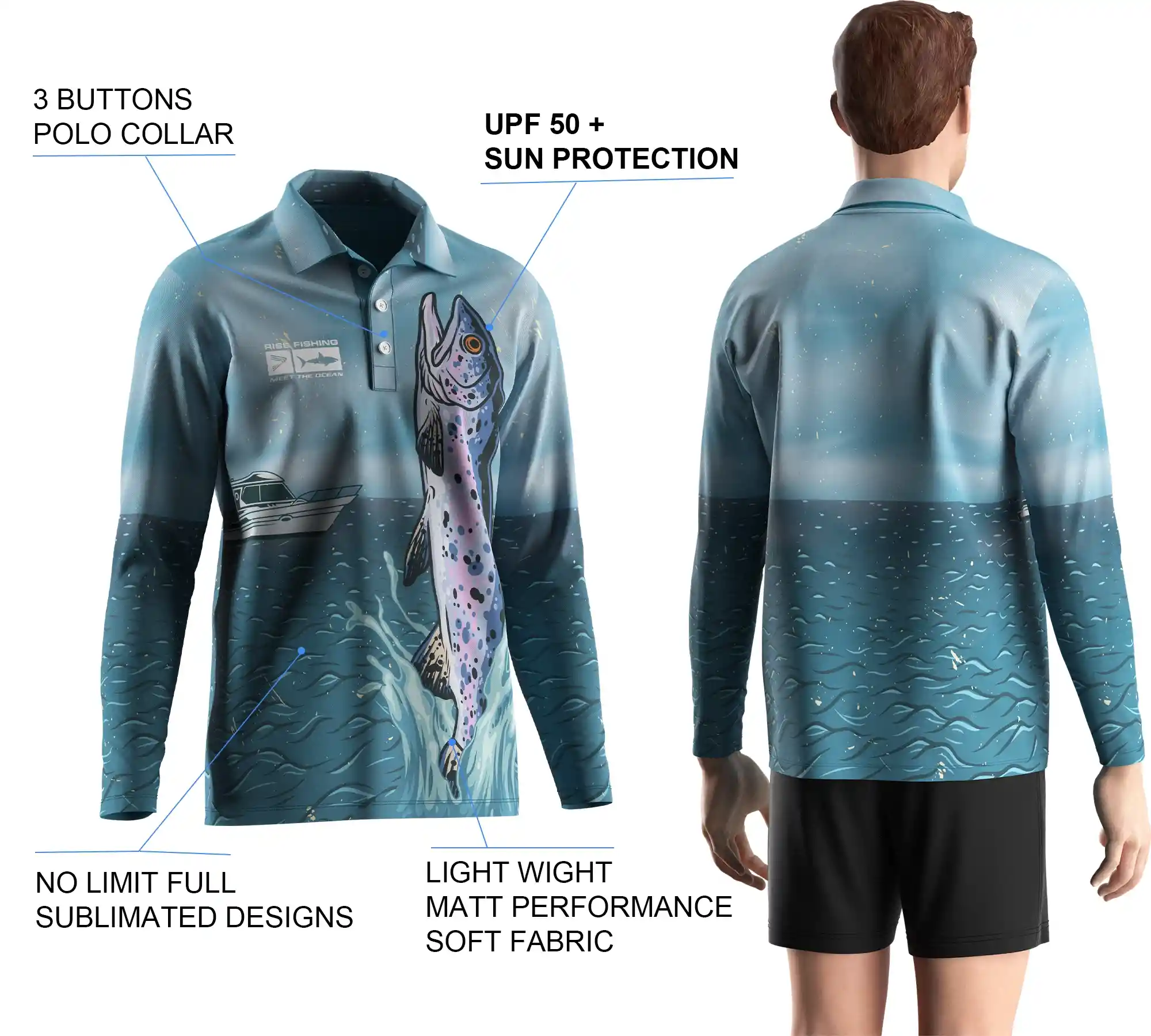 Back view and close-up details of men's long sleeve fishing polo shirt, showing sublimation print, buttons details, and styles.