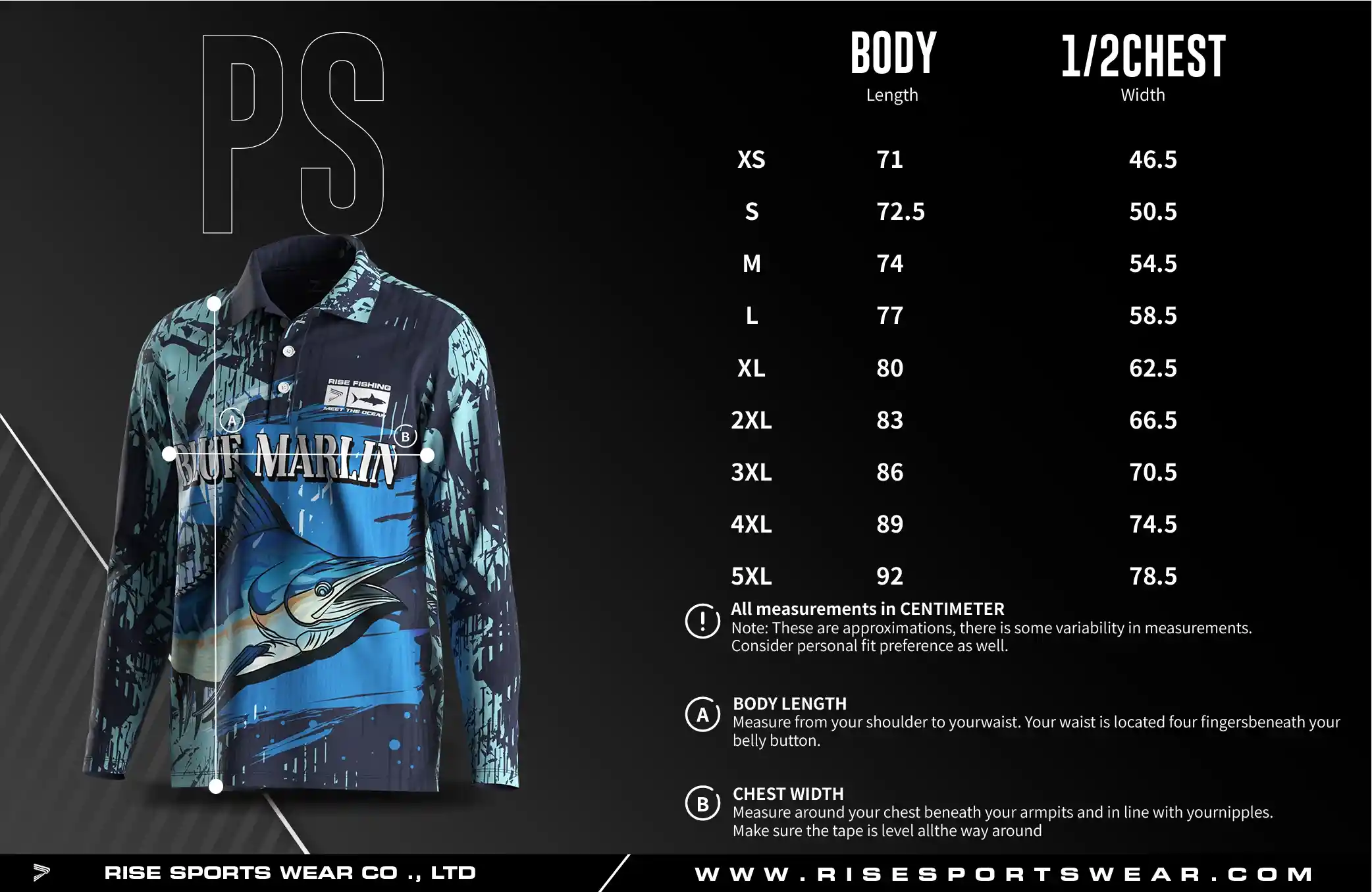 Men's U.S. and EU standard size chart for long sleeve fishing polo shirt in centimeters, showing width and length measurements.
