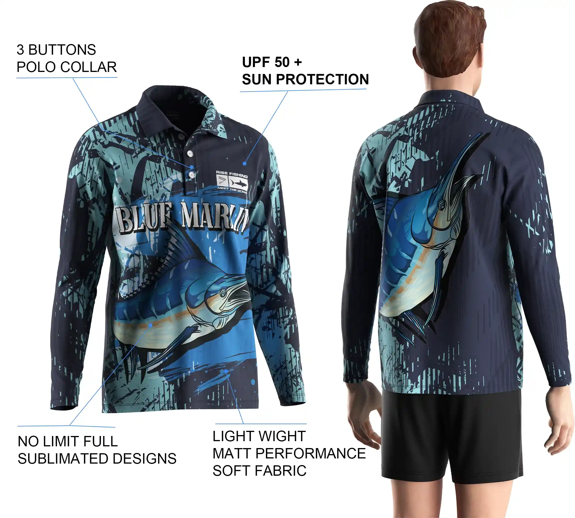 Back view and close-up details of men's long sleeve fishing polo shirt, showing sublimation print, buttons details, and styles.