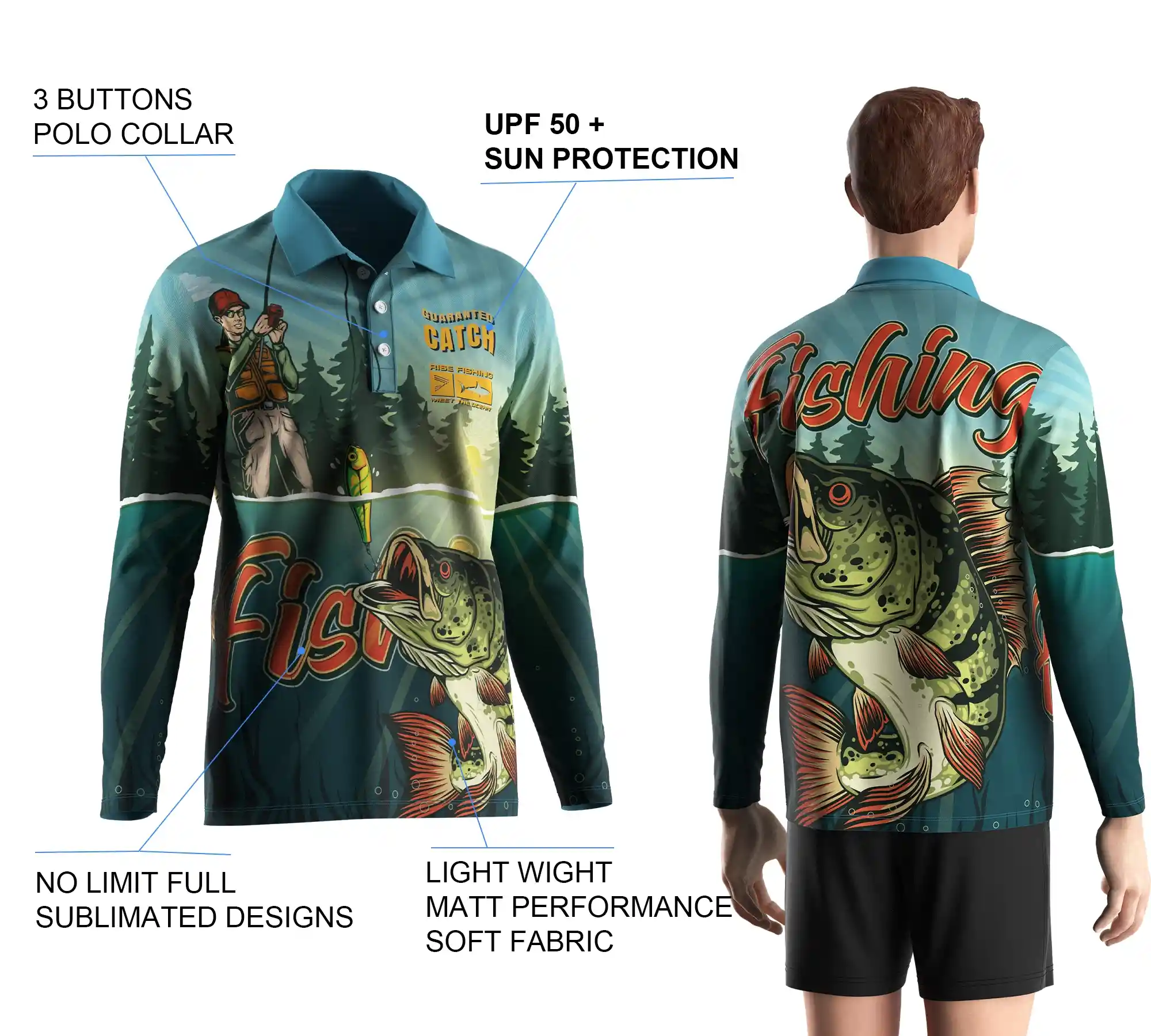 Back view and close-up details of men's long sleeve fishing polo shirt, showing sublimation print, buttons details, and styles.