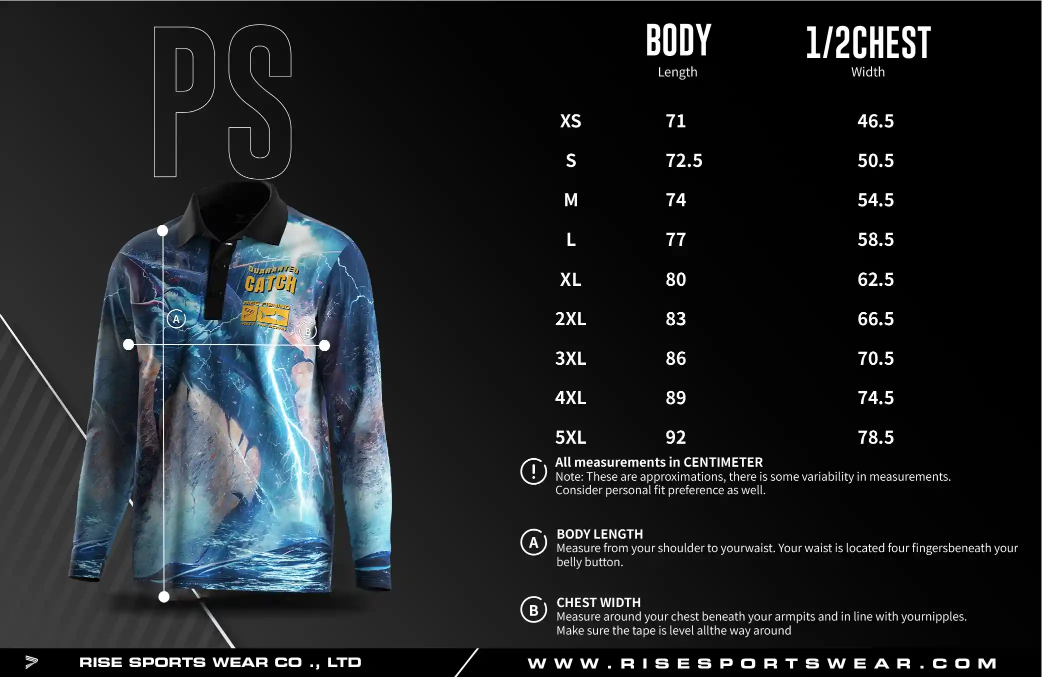 Men's U.S. and EU standard size chart for long sleeve fishing polo shirt in centimeters, showing width and length measurements.