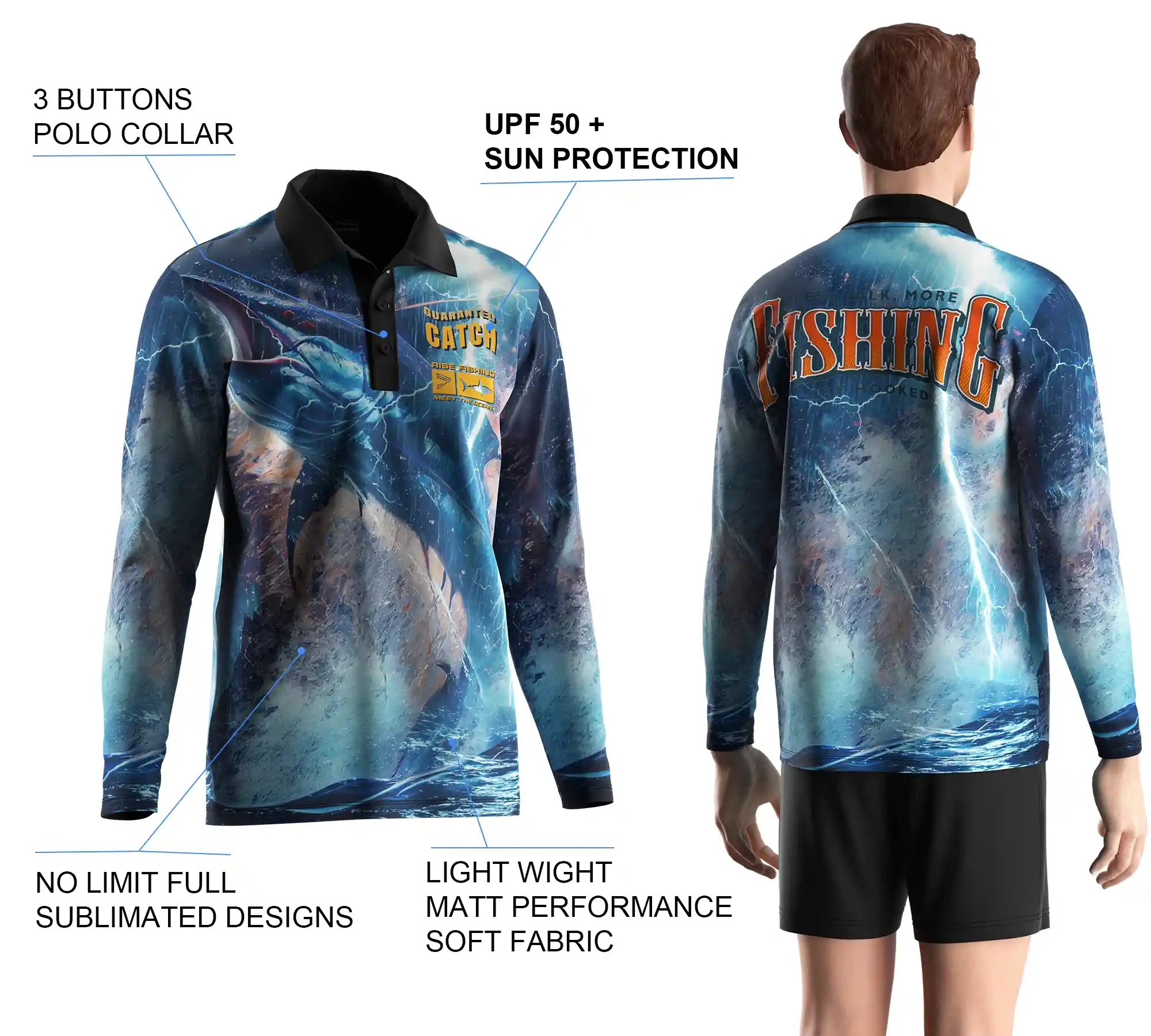 Back view and close-up details of men's long sleeve fishing polo shirt, showing sublimation print, buttons details, and styles.