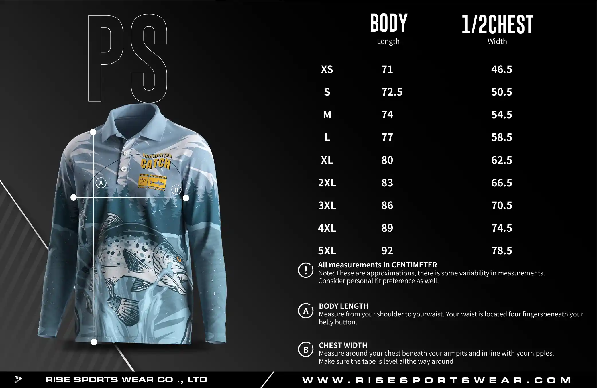 Men's U.S. and EU standard size chart for long sleeve fishing polo shirt in centimeters, showing width and length measurements.