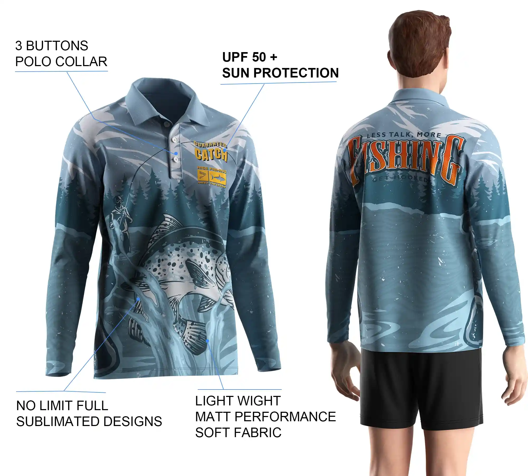 Back view and close-up details of men's long sleeve fishing polo shirt, showing sublimation print, buttons details, and styles.