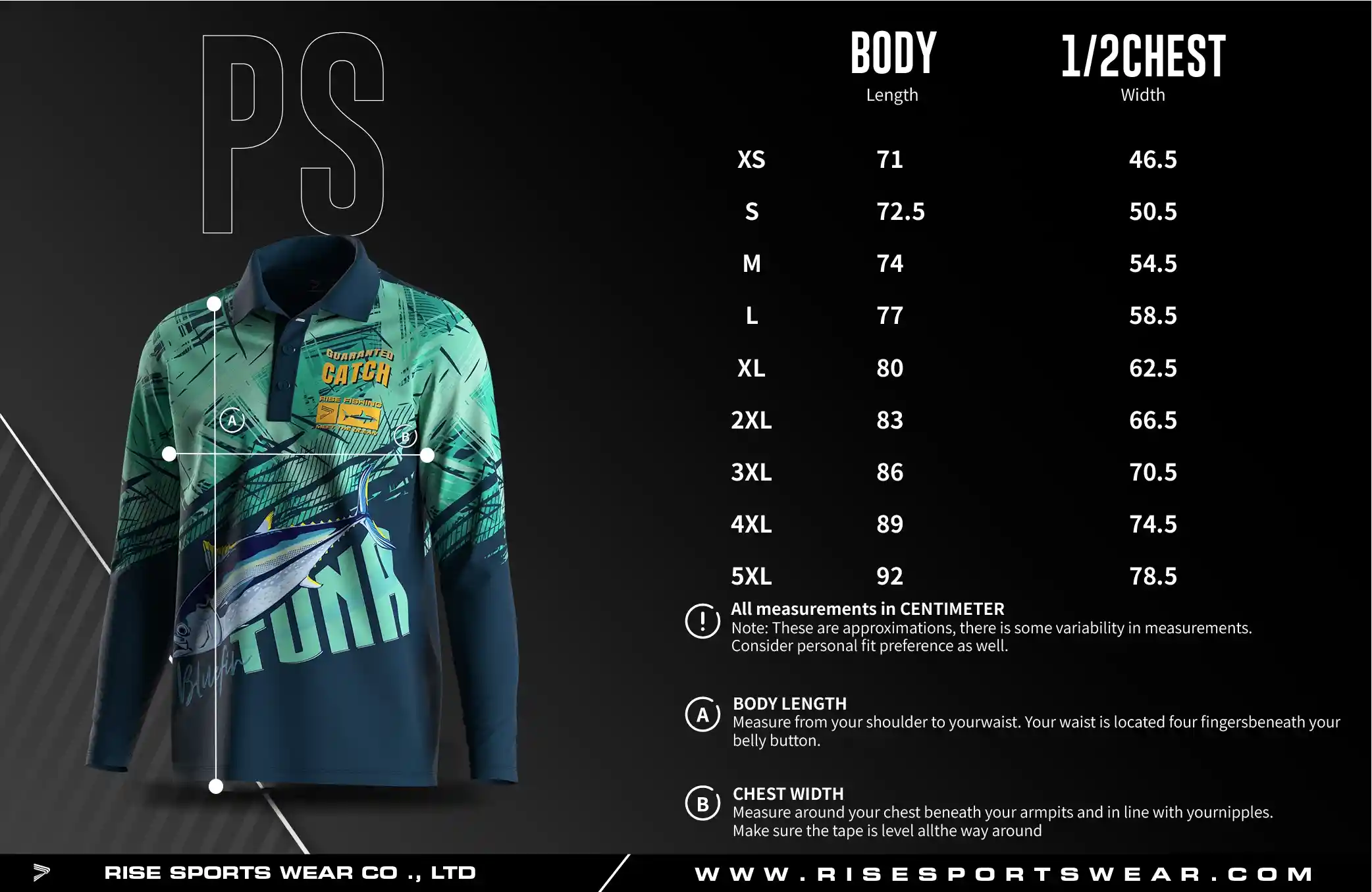 Men's U.S. and EU standard size chart for long sleeve fishing polo shirt in centimeters, showing width and length measurements.