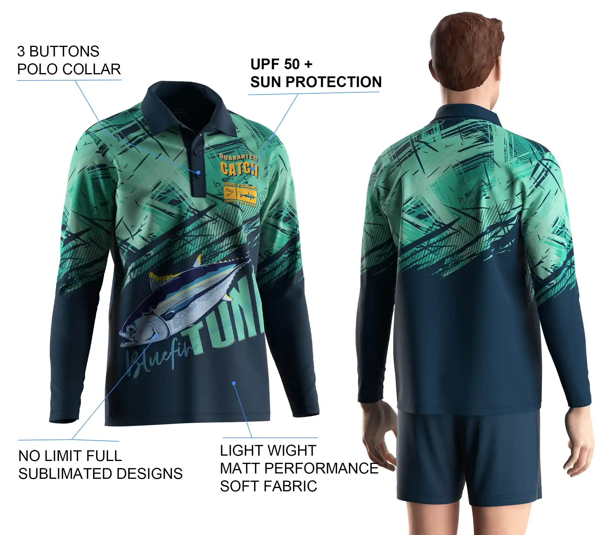 Back view and close-up details of men's long sleeve fishing polo shirt, showing sublimation print, buttons details, and styles.