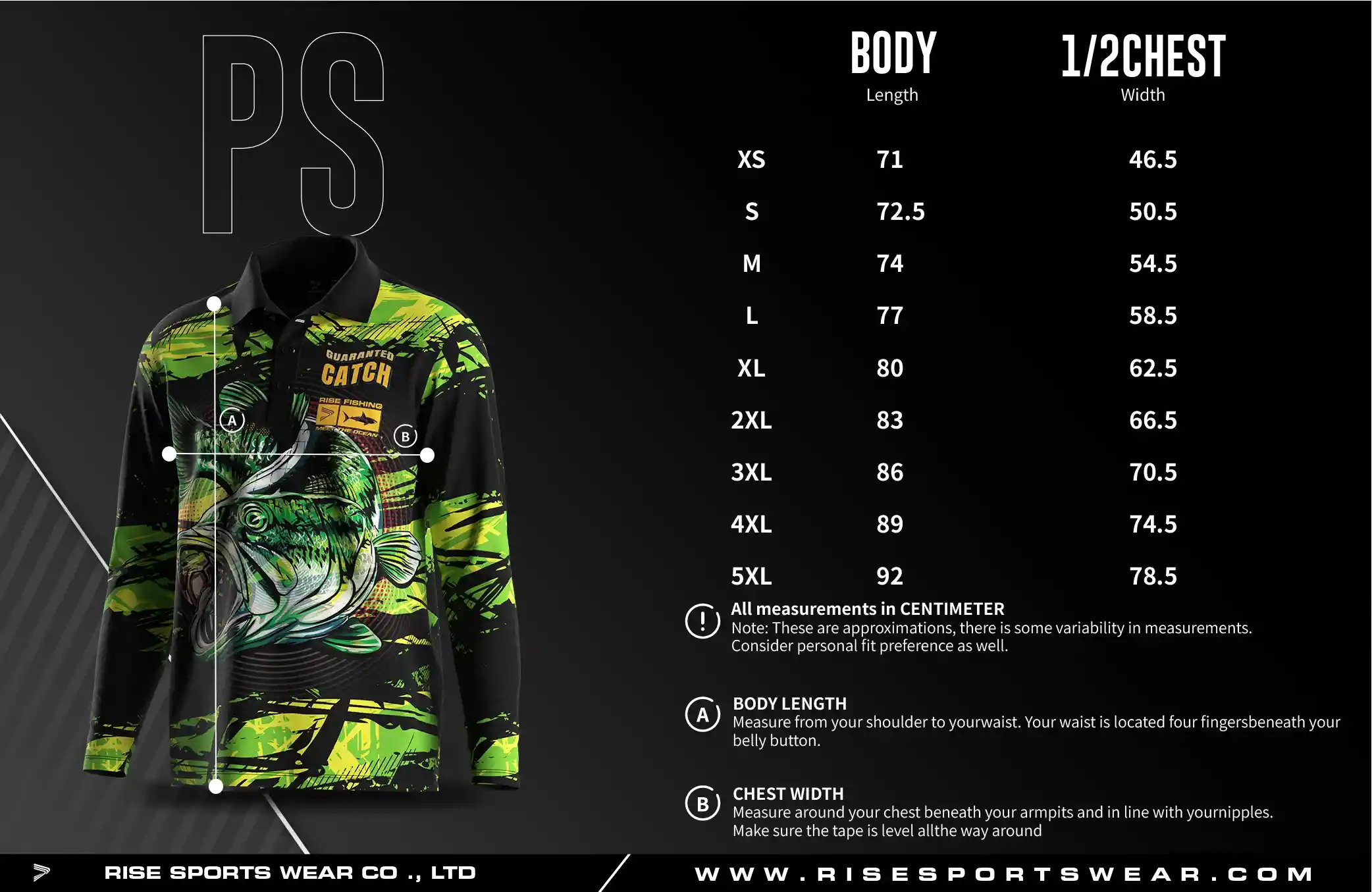 Men's U.S. and EU standard size chart for long sleeve fishing polo shirt in centimeters, showing width and length measurements.