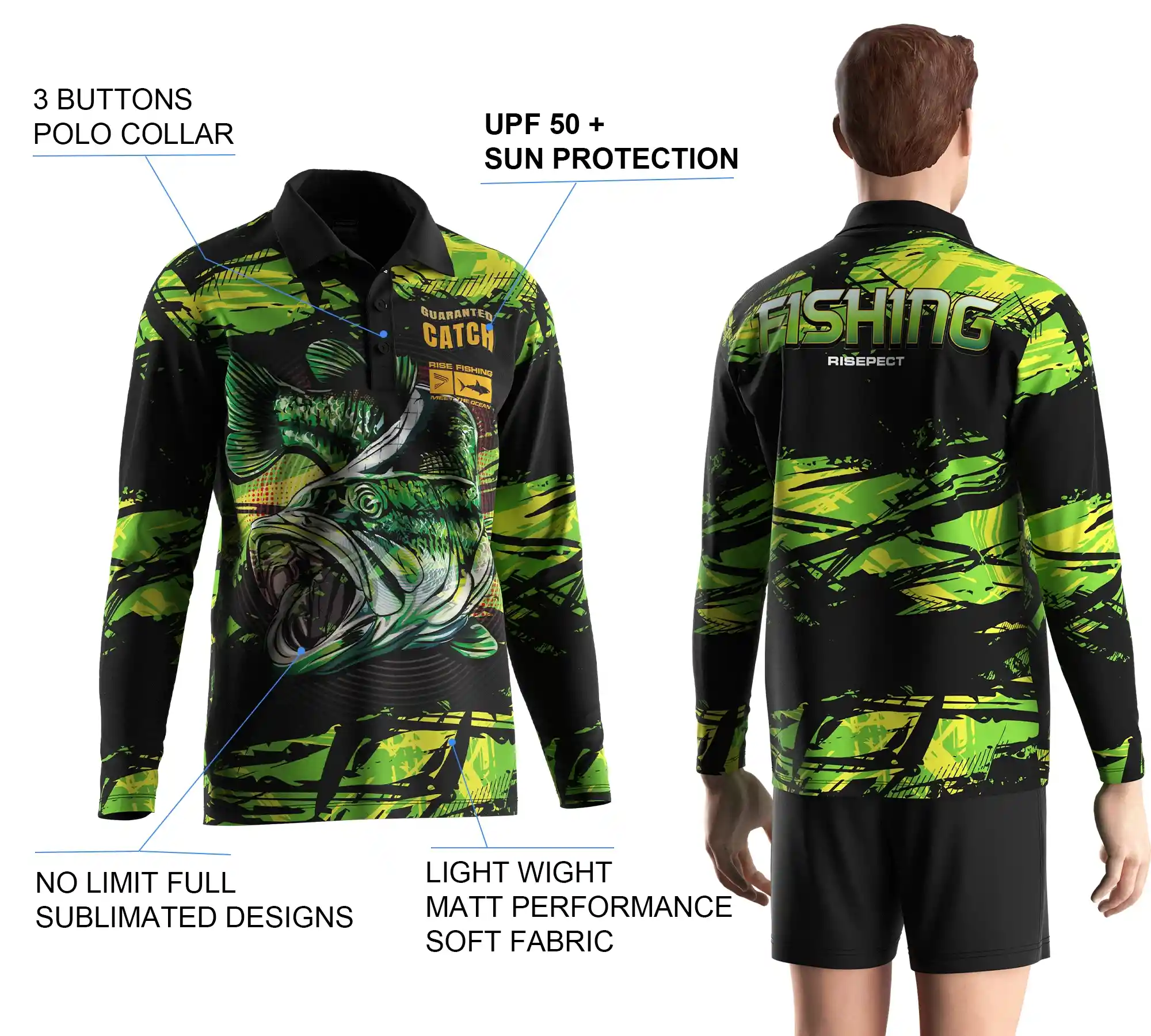 Back view and close-up details of men's long sleeve fishing polo shirt, showing sublimation print, buttons details, and styles.
