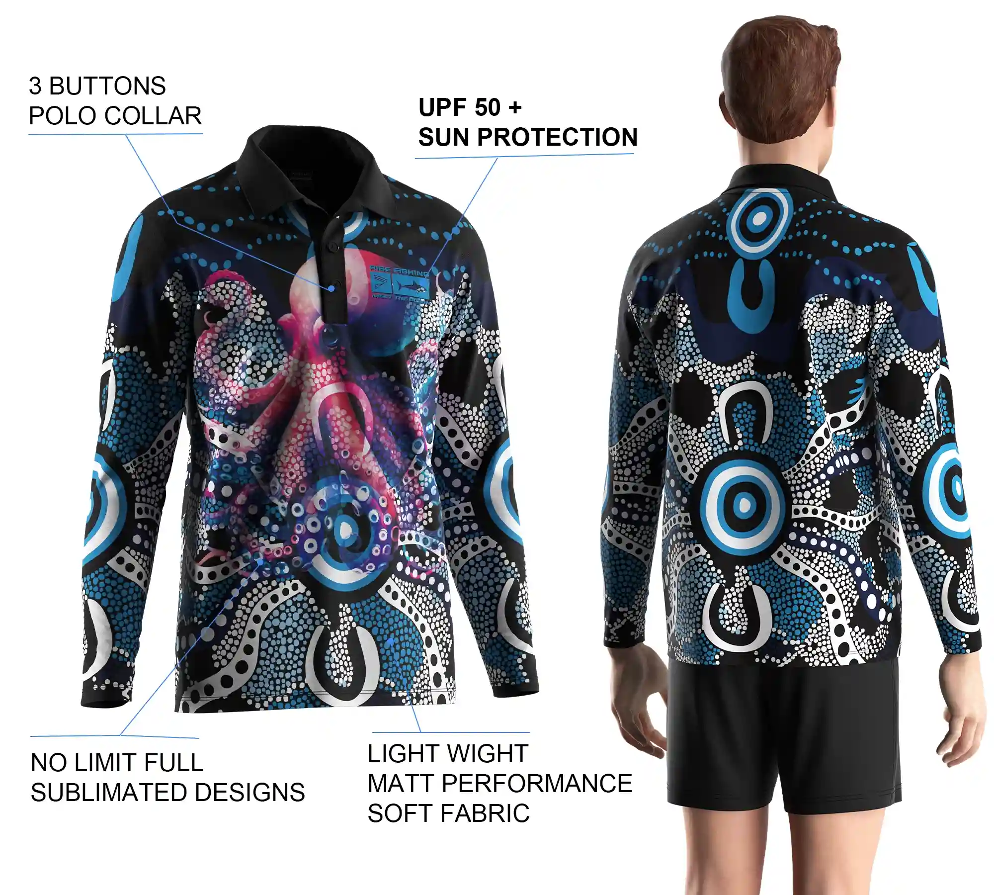 Back view and close-up details of men's long sleeve fishing polo shirt, showing sublimation print, buttons details, and styles.