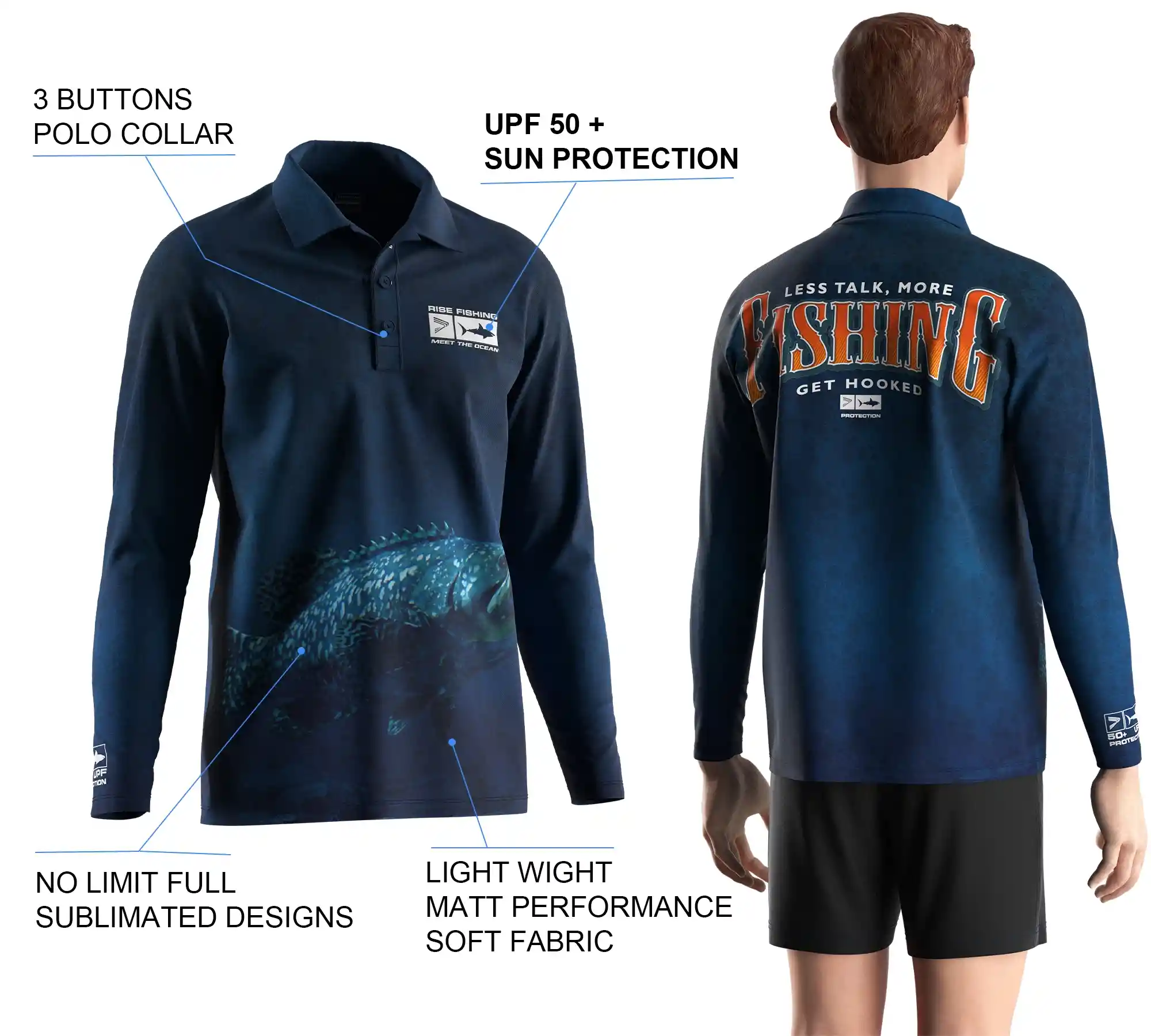 Back view and close-up details of men's long sleeve fishing polo shirt, showing sublimation print, buttons details, and styles.
