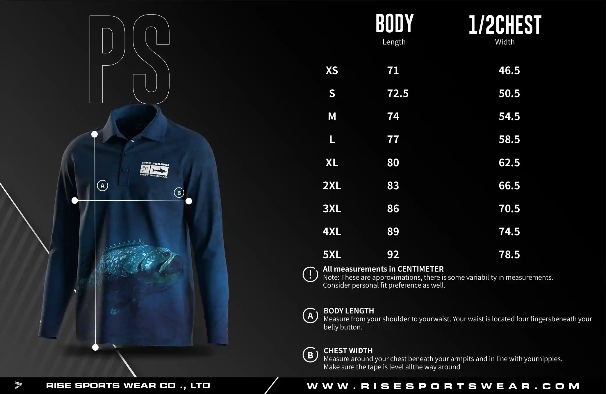 Men's U.S. and EU standard size chart for long sleeve fishing polo shirt in centimeters, showing width and length measurements.