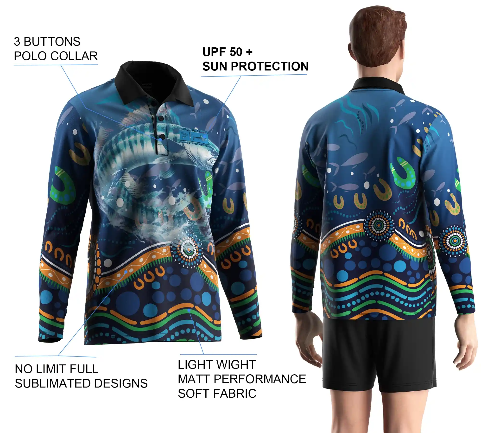 Back view and close-up details of men's long sleeve fishing polo shirt, showing sublimation print, buttons details, and styles.