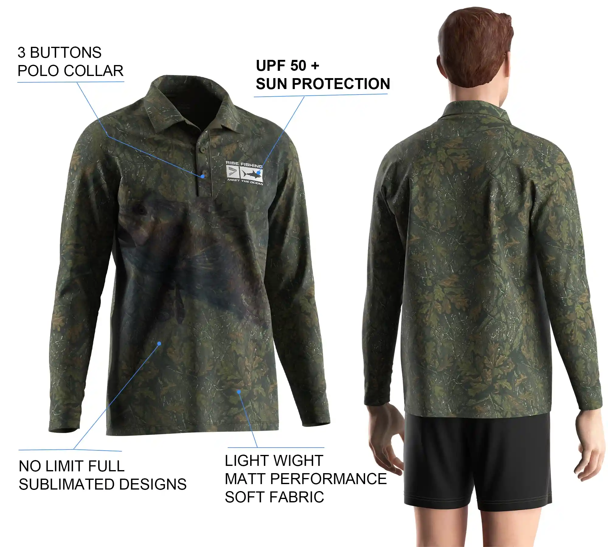 Back view and close-up details of men's long sleeve fishing polo shirt, showing sublimation print, buttons details, and styles.