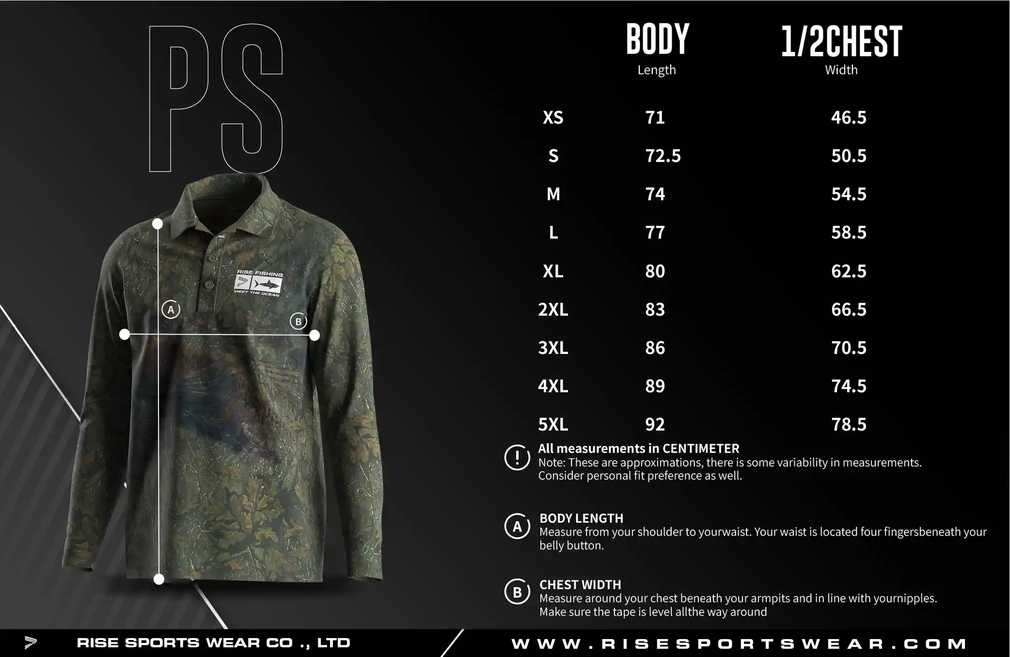Men's U.S. and EU standard size chart for long sleeve fishing polo shirt in centimeters, showing width and length measurements.