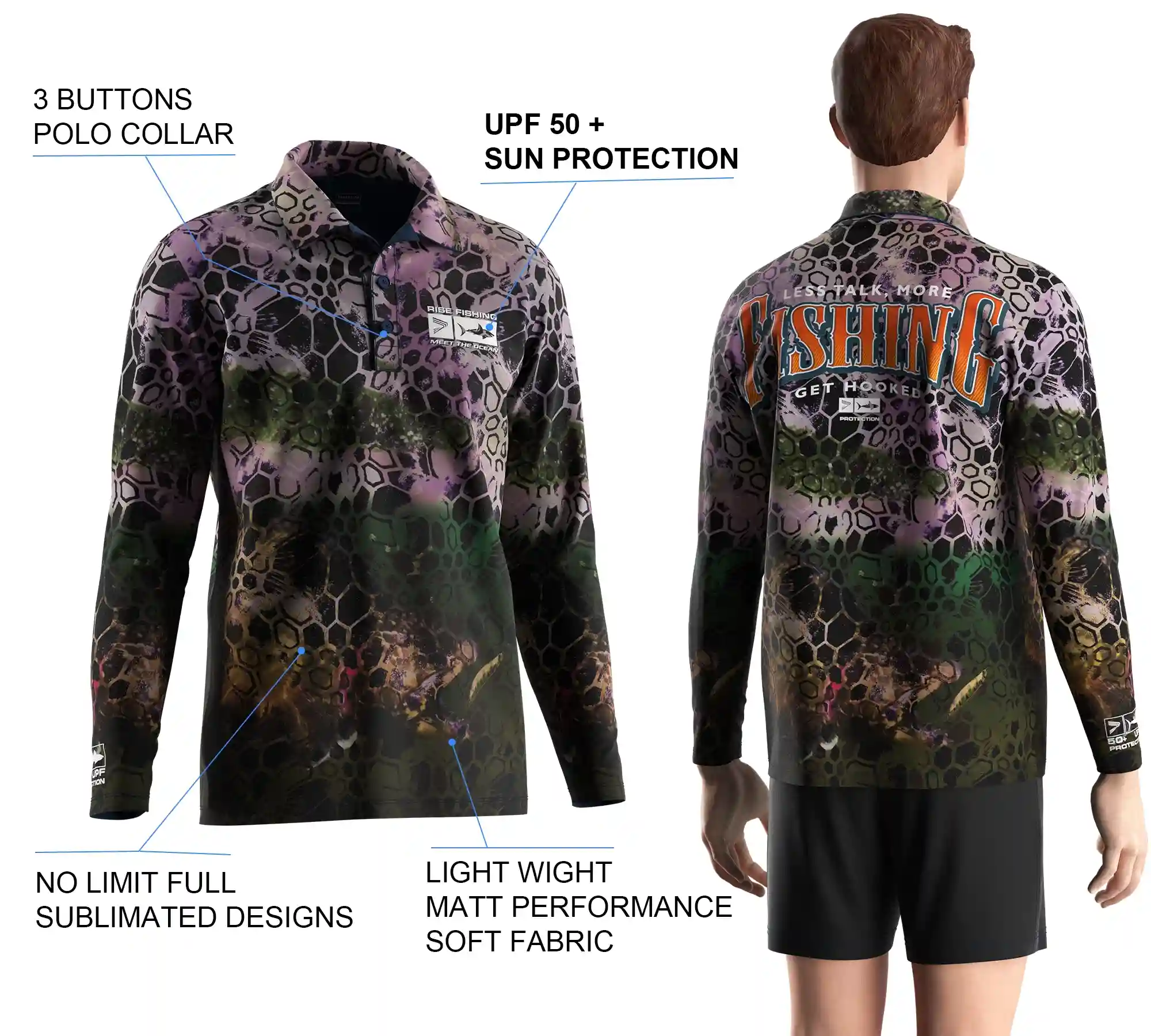 Back view and close-up details of men's long sleeve fishing polo shirt, showing sublimation print, buttons details, and styles.