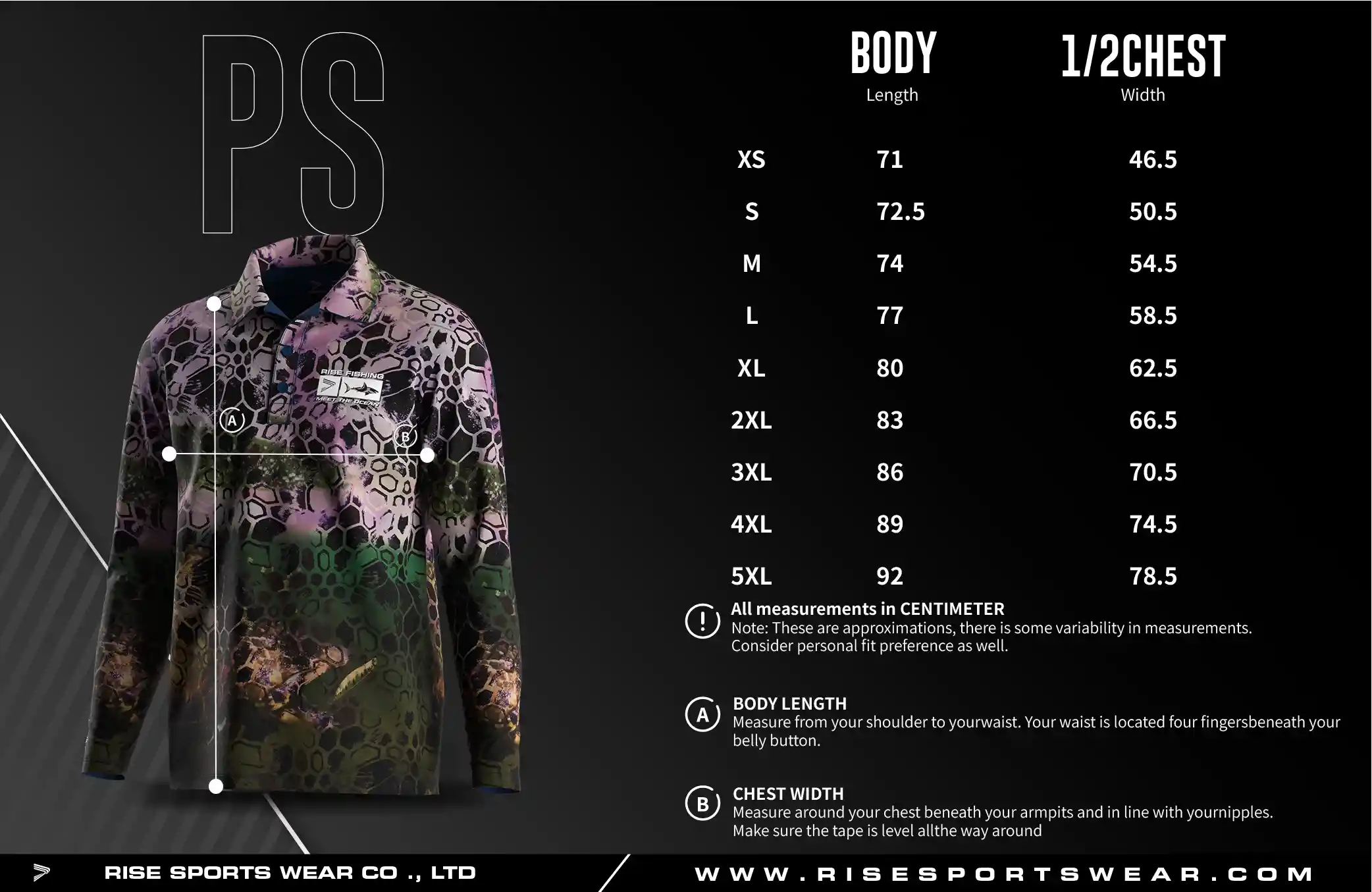 Men's U.S. and EU standard size chart for long sleeve fishing polo shirt in centimeters, showing width and length measurements.
