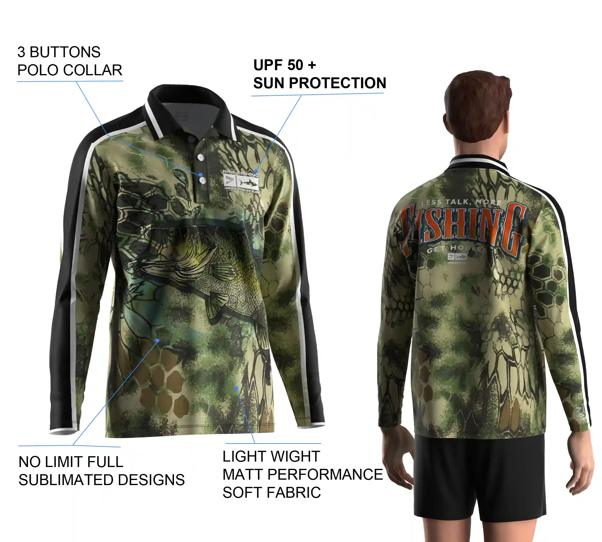 Back view and close-up details of men's long sleeve fishing polo shirt, showing sublimation print, buttons details, and styles.