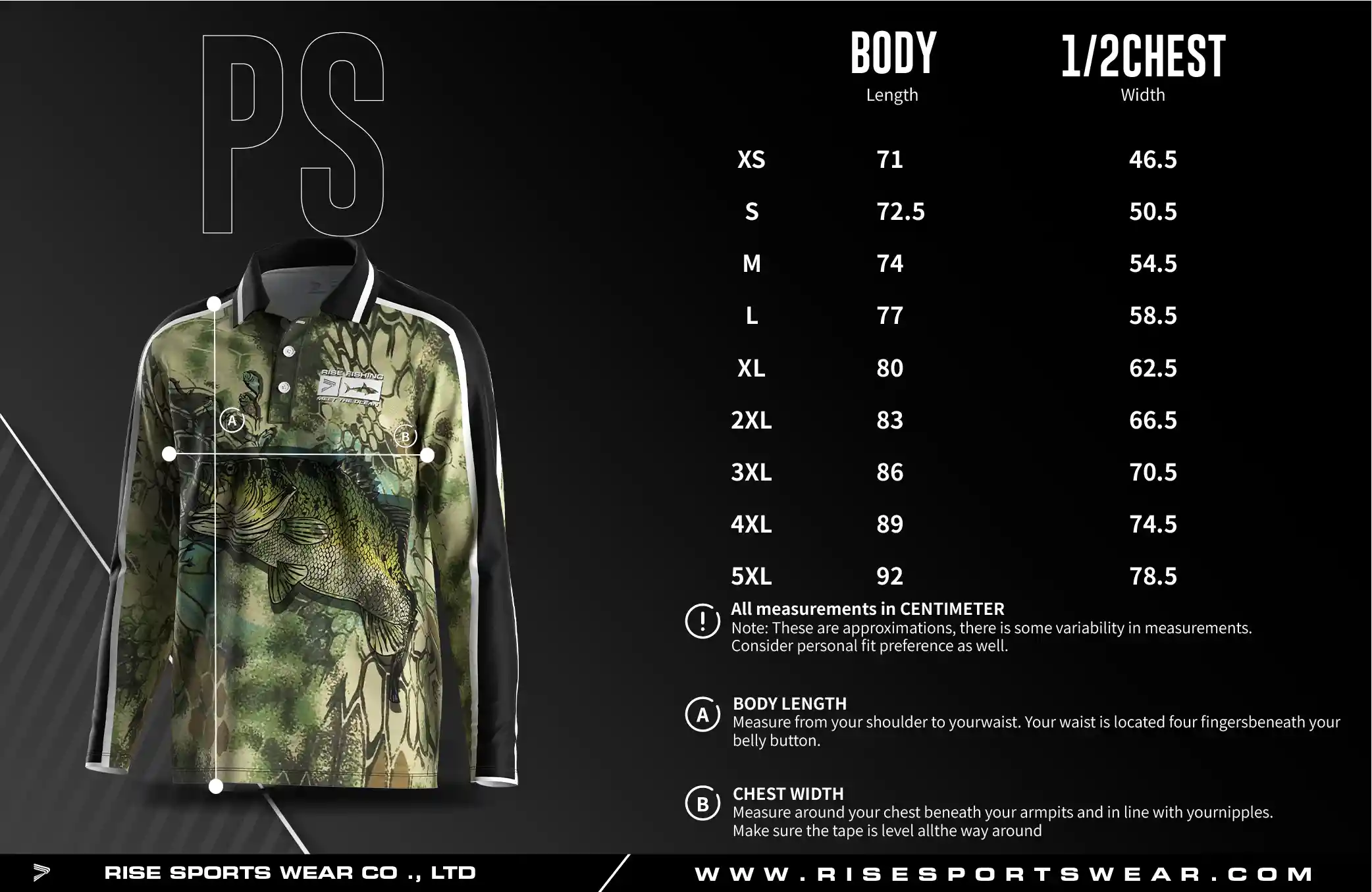 Men's U.S. and EU standard size chart for long sleeve fishing polo shirt in centimeters, showing width and length measurements.