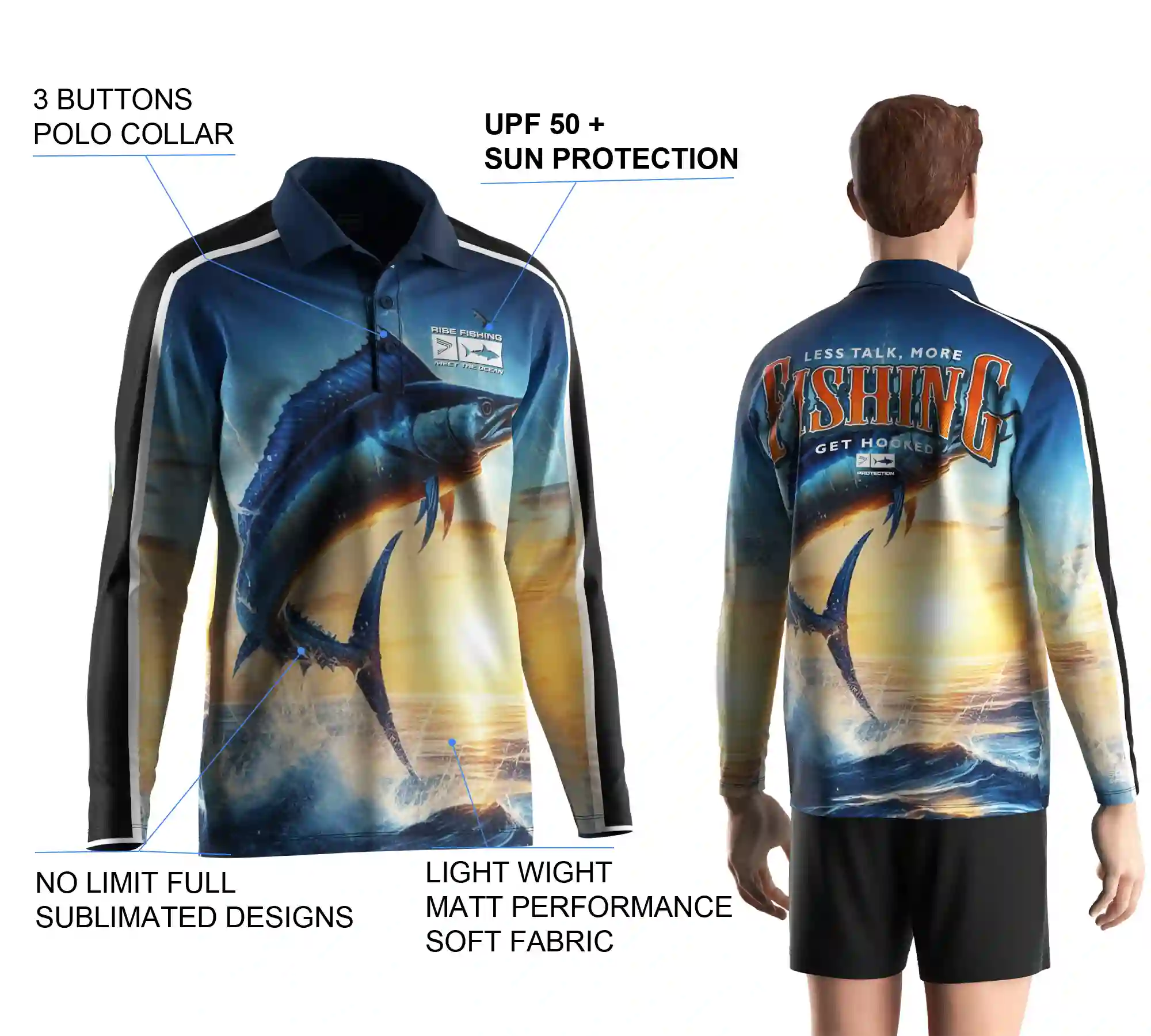 Back view and close-up details of men's long sleeve fishing polo shirt, showing sublimation print, buttons details, and styles.
