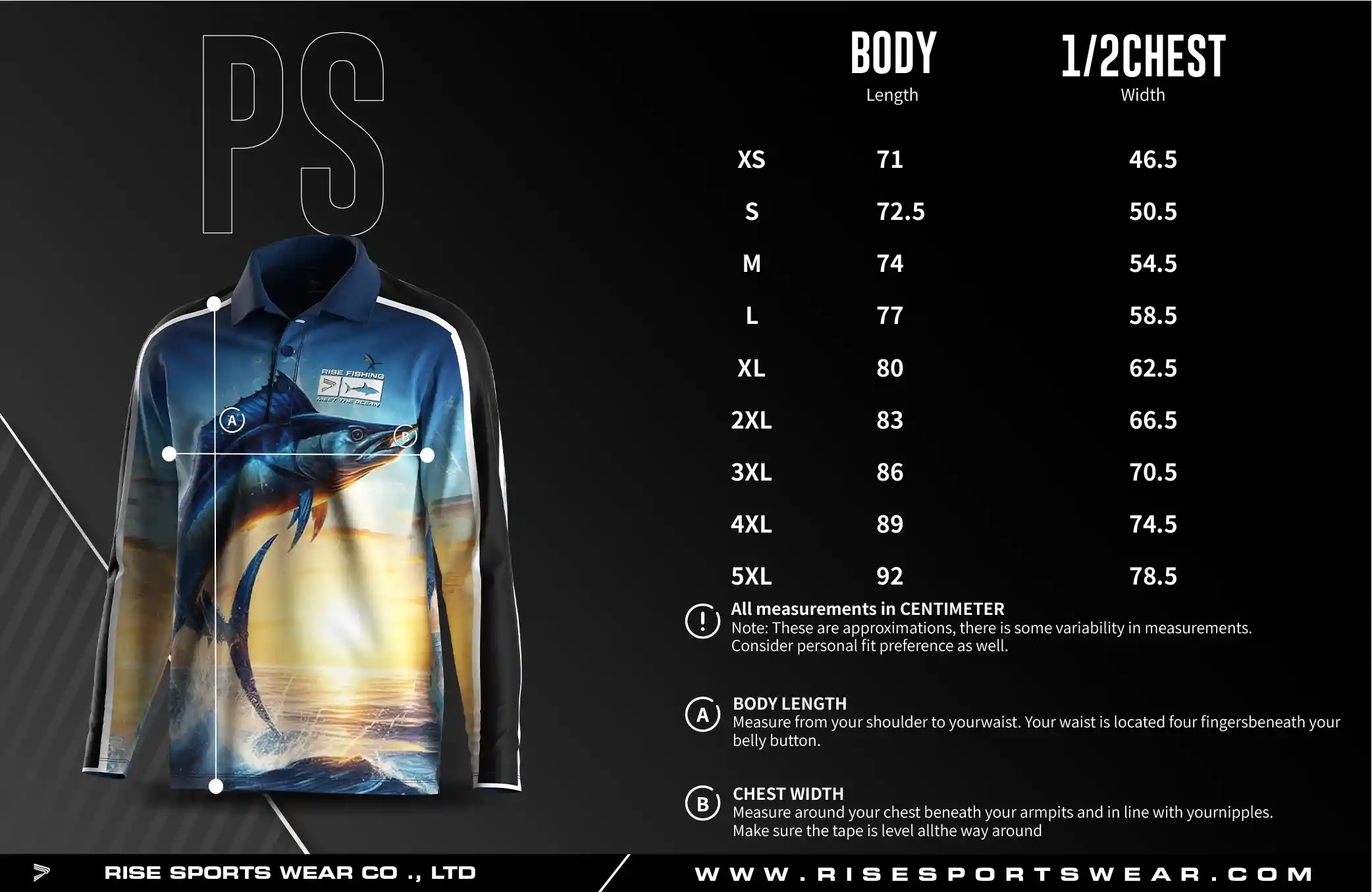 Men's U.S. and EU standard size chart for long sleeve fishing polo shirt in centimeters, showing width and length measurements.