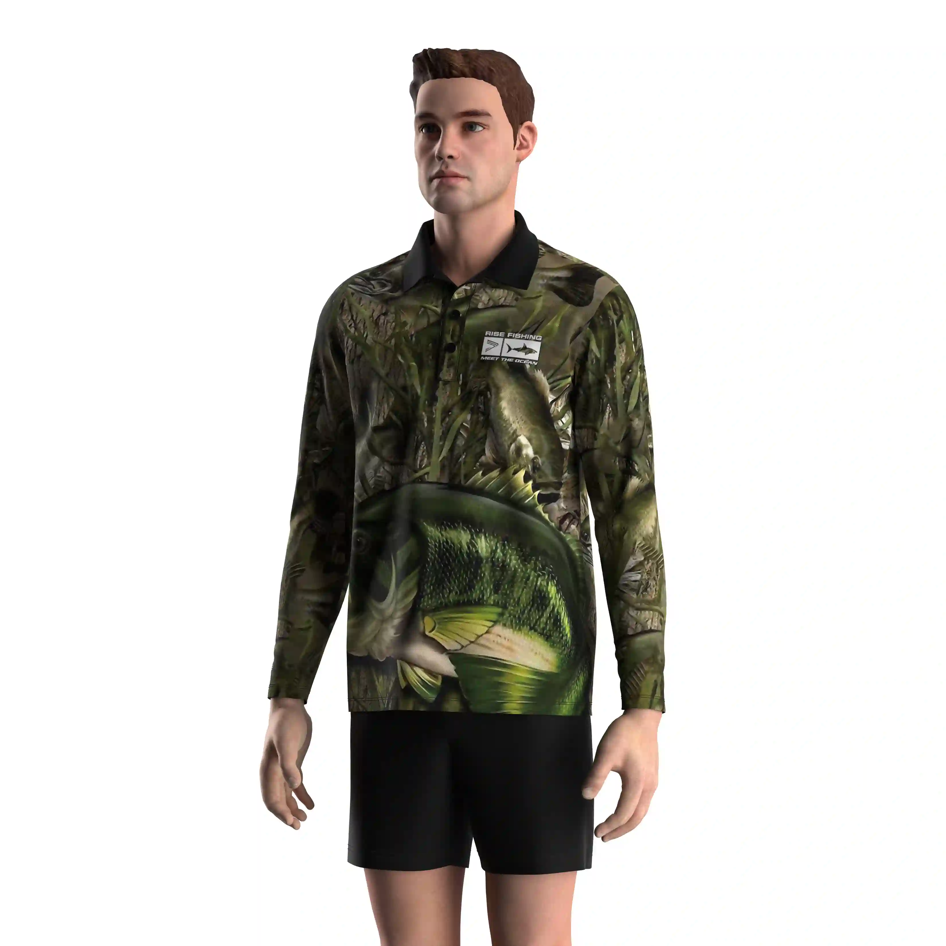 
                Largemouth Bass in Weeds Polo Camo Long Sleeve Fishing Design