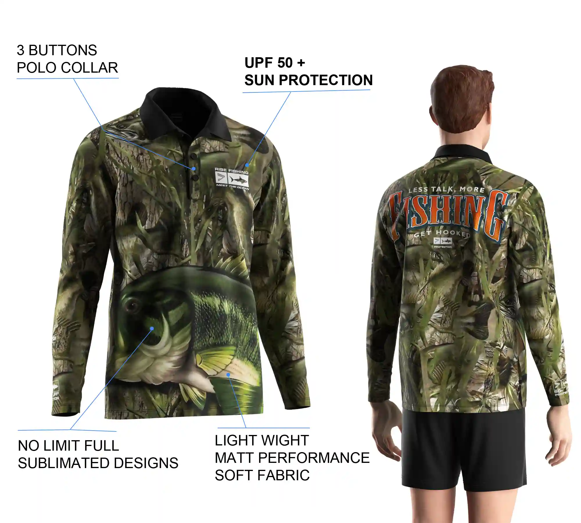 Back view and close-up details of men's long sleeve fishing polo shirt, showing sublimation print, buttons details, and styles.