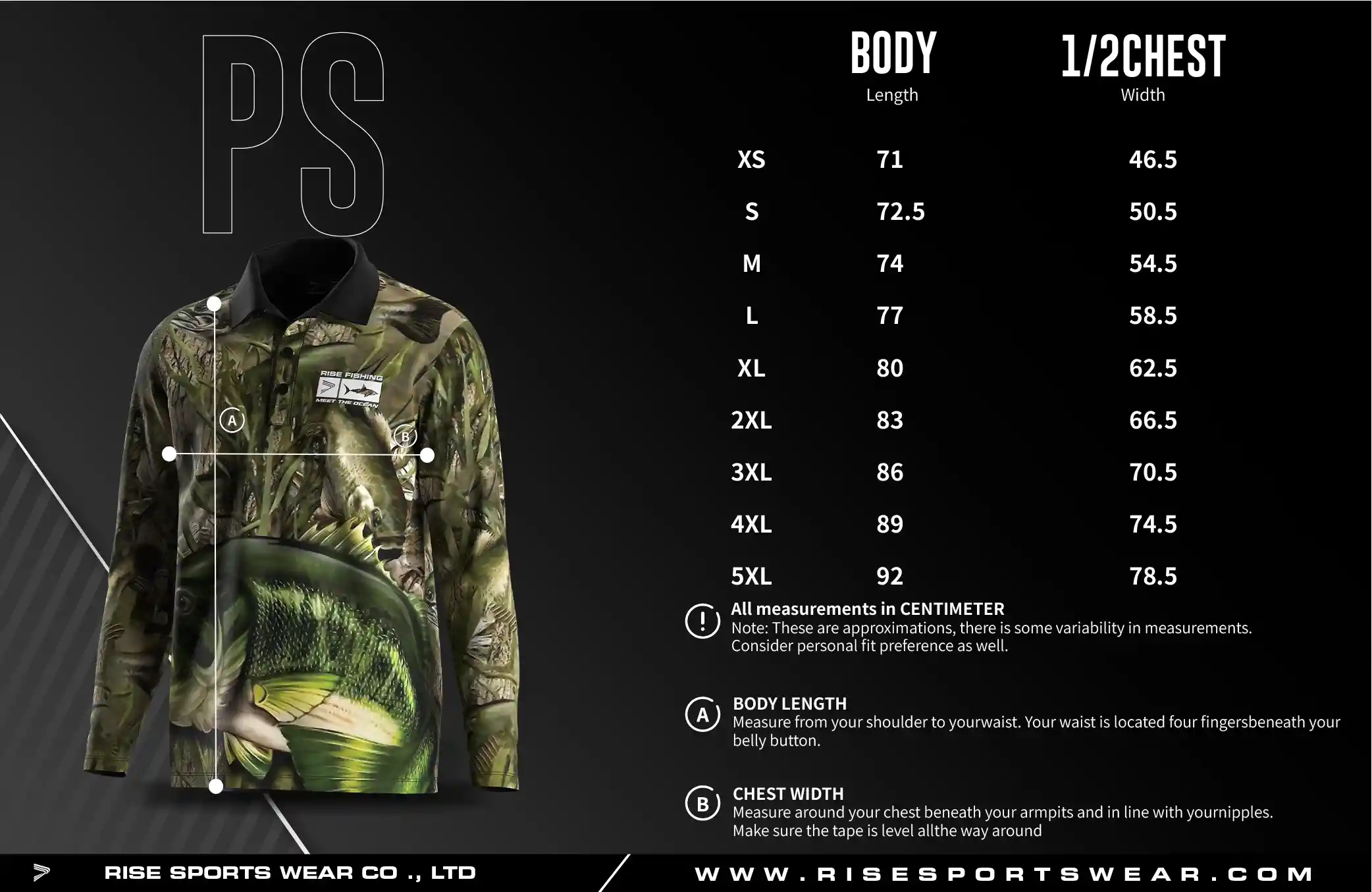 Men's U.S. and EU standard size chart for long sleeve fishing polo shirt in centimeters, showing width and length measurements.