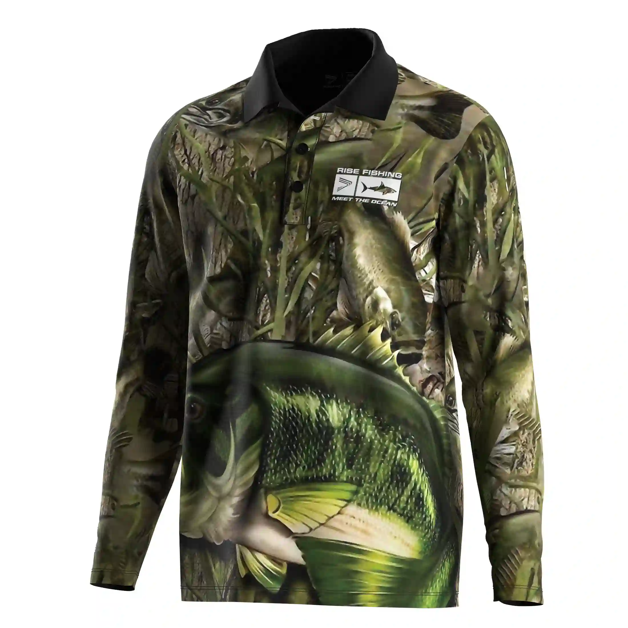 
                Largemouth Bass in Weeds Polo Camo Long Sleeve Fishing Design