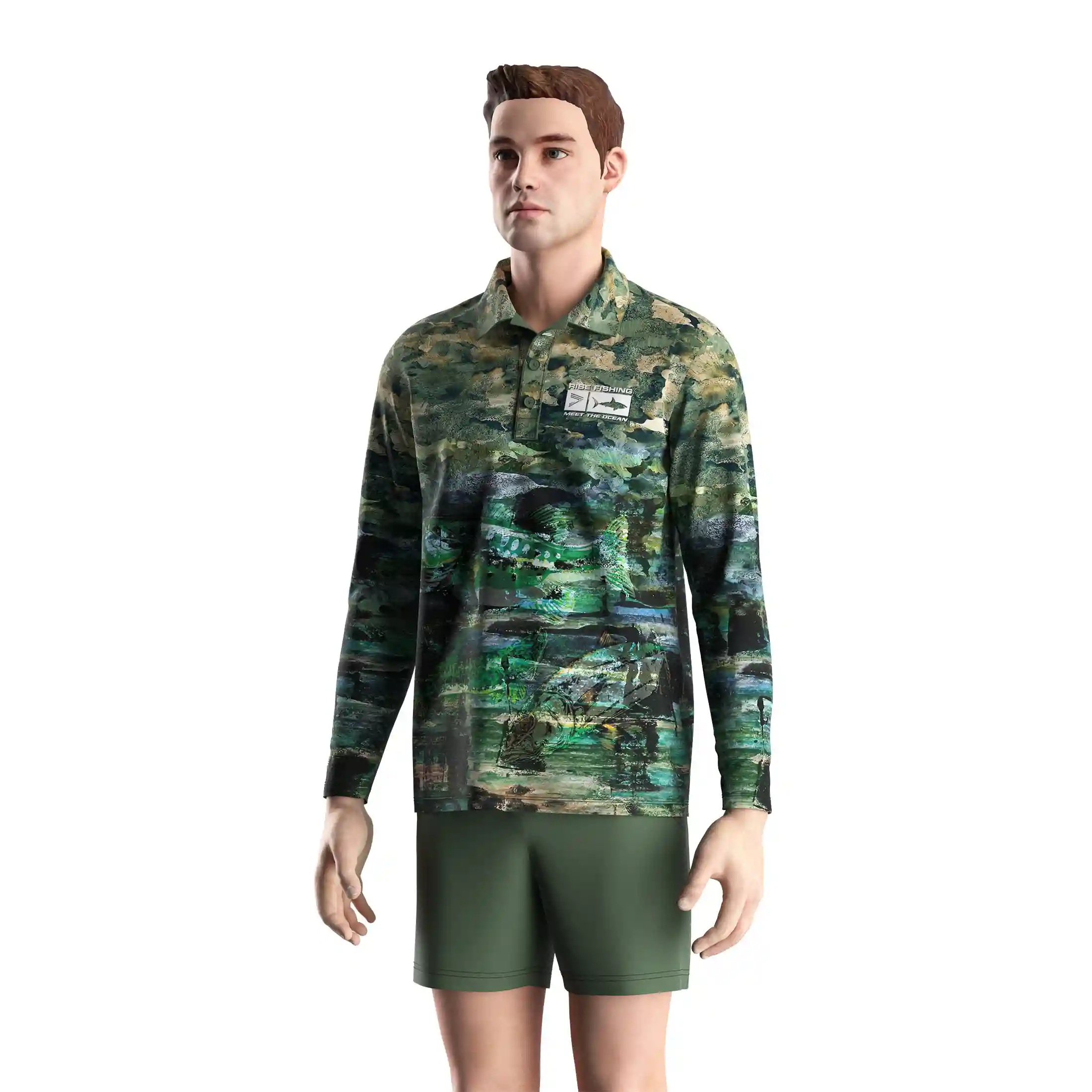 
                Military Green Camo Polo Retro Style Lightweight Fishing Long Sleeve