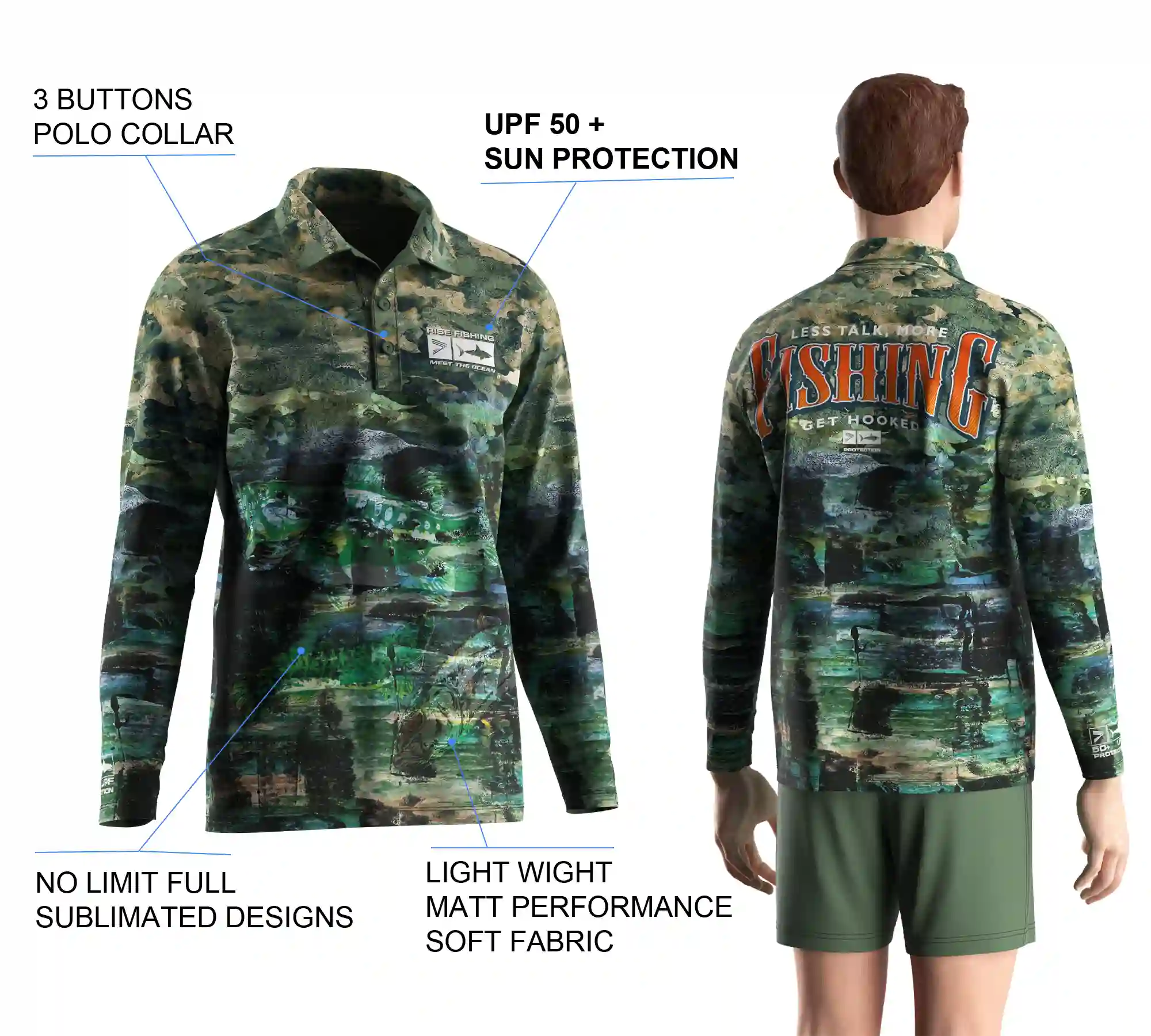 Back view and close-up details of men's long sleeve fishing polo shirt, showing sublimation print, buttons details, and styles.