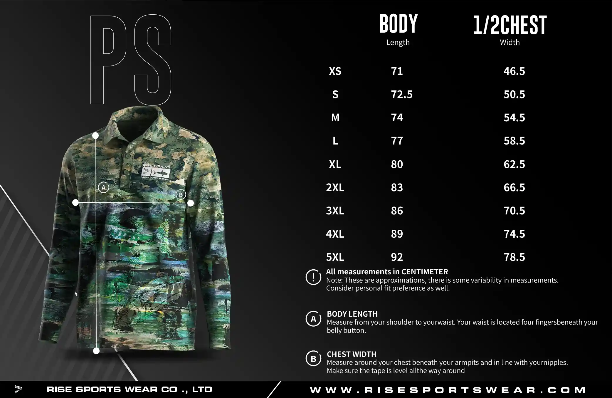 Men's U.S. and EU standard size chart for long sleeve fishing polo shirt in centimeters, showing width and length measurements.