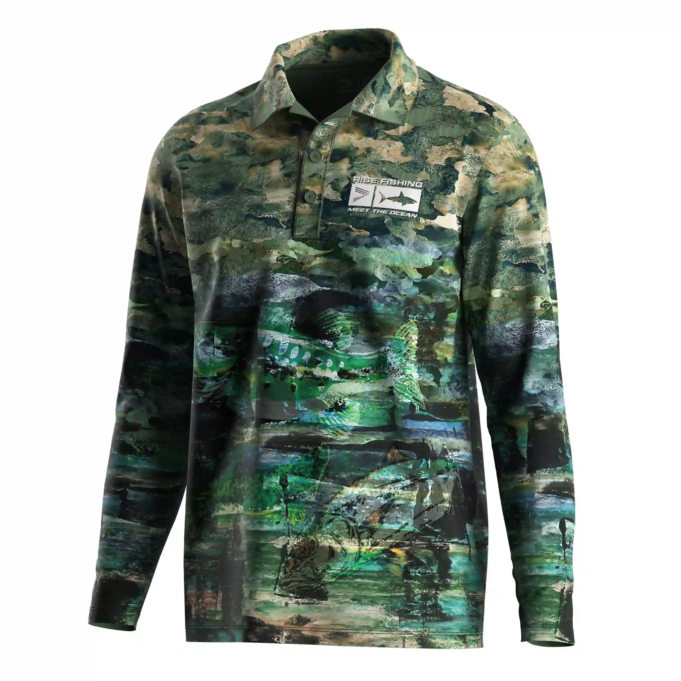 
                Military Green Camo Polo Retro Style Lightweight Fishing Long Sleeve