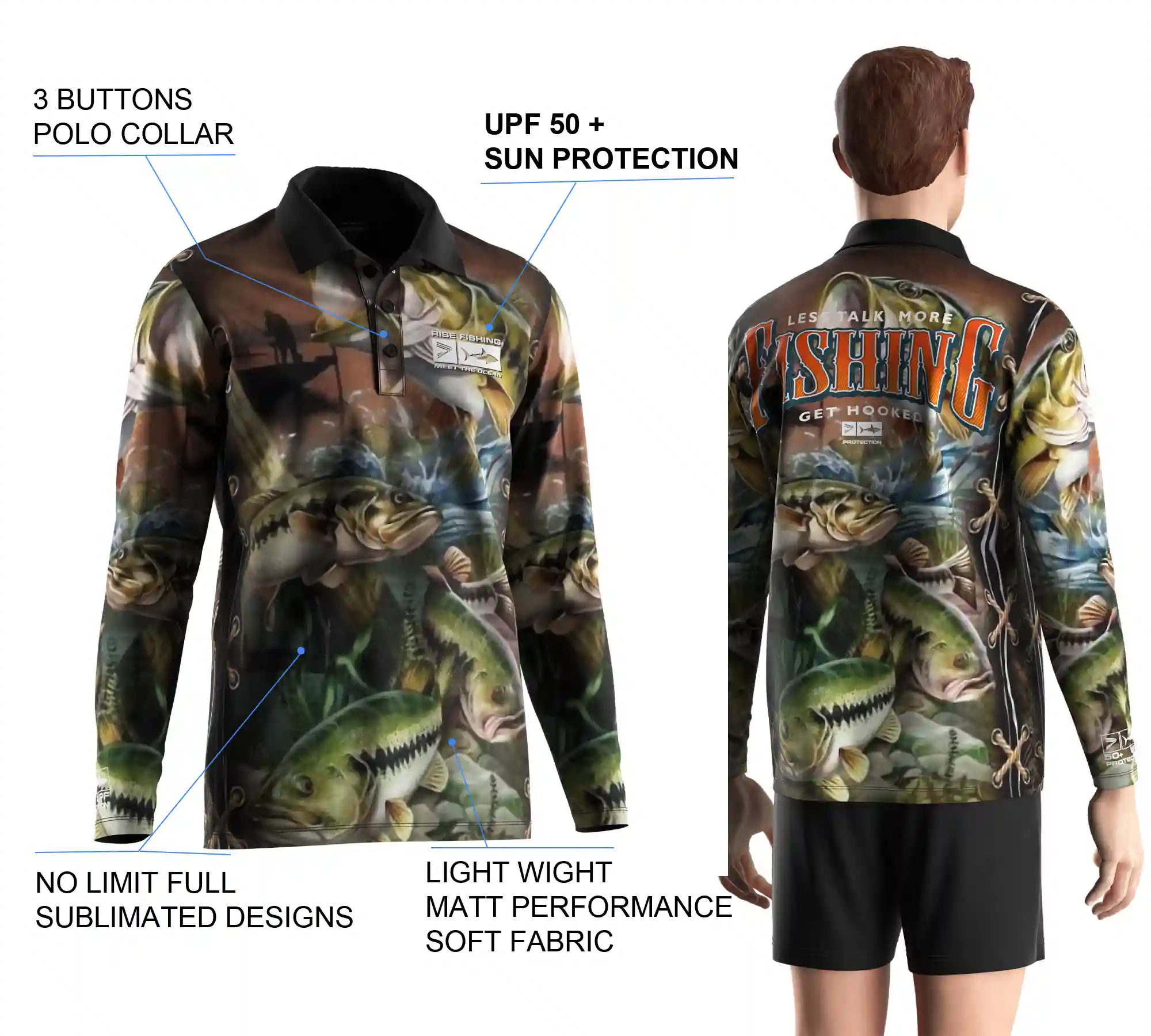 Back view and close-up details of men's long sleeve fishing polo shirt, showing sublimation print, buttons details, and styles.