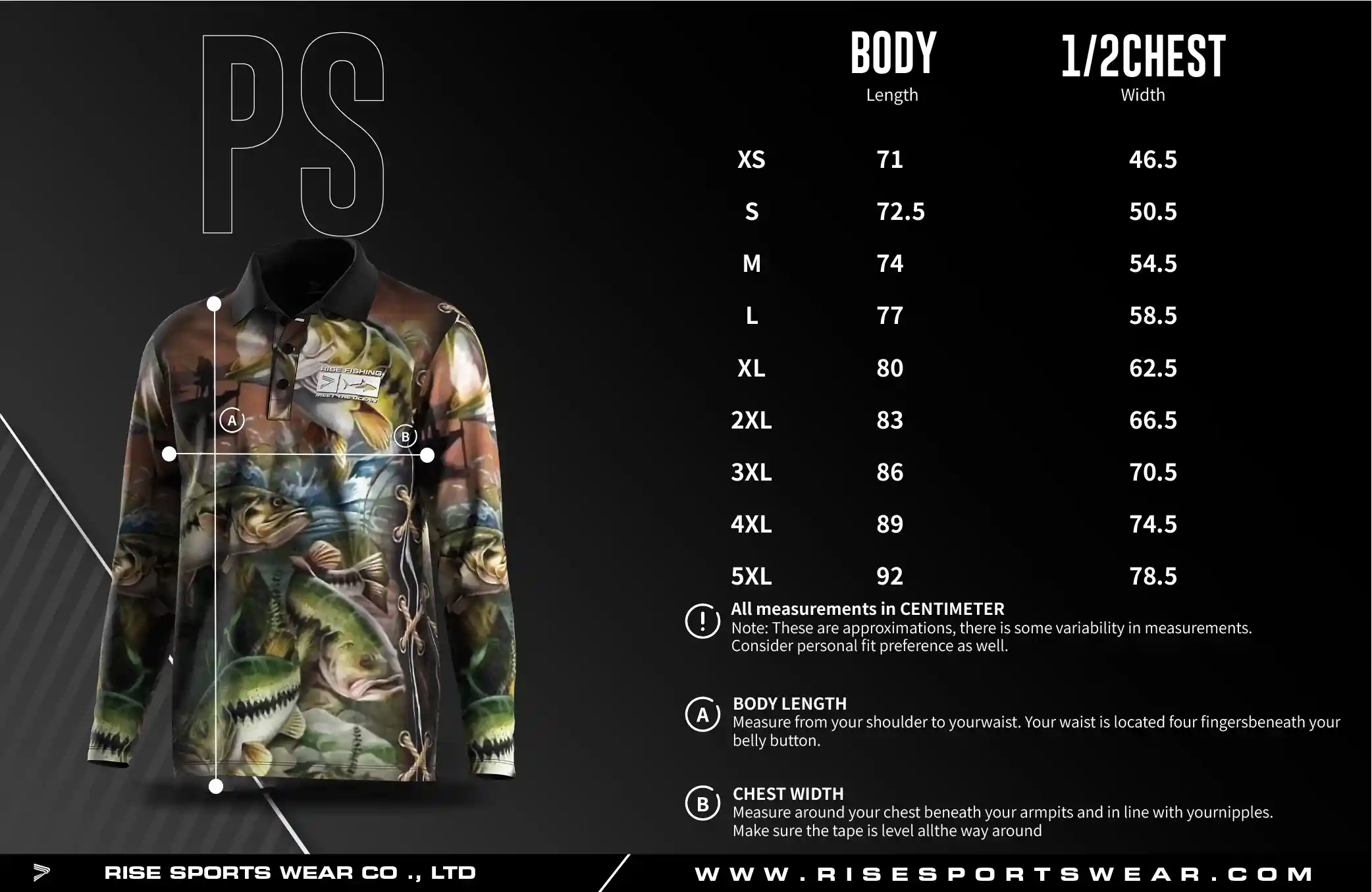 Men's U.S. and EU standard size chart for long sleeve fishing polo shirt in centimeters, showing width and length measurements.